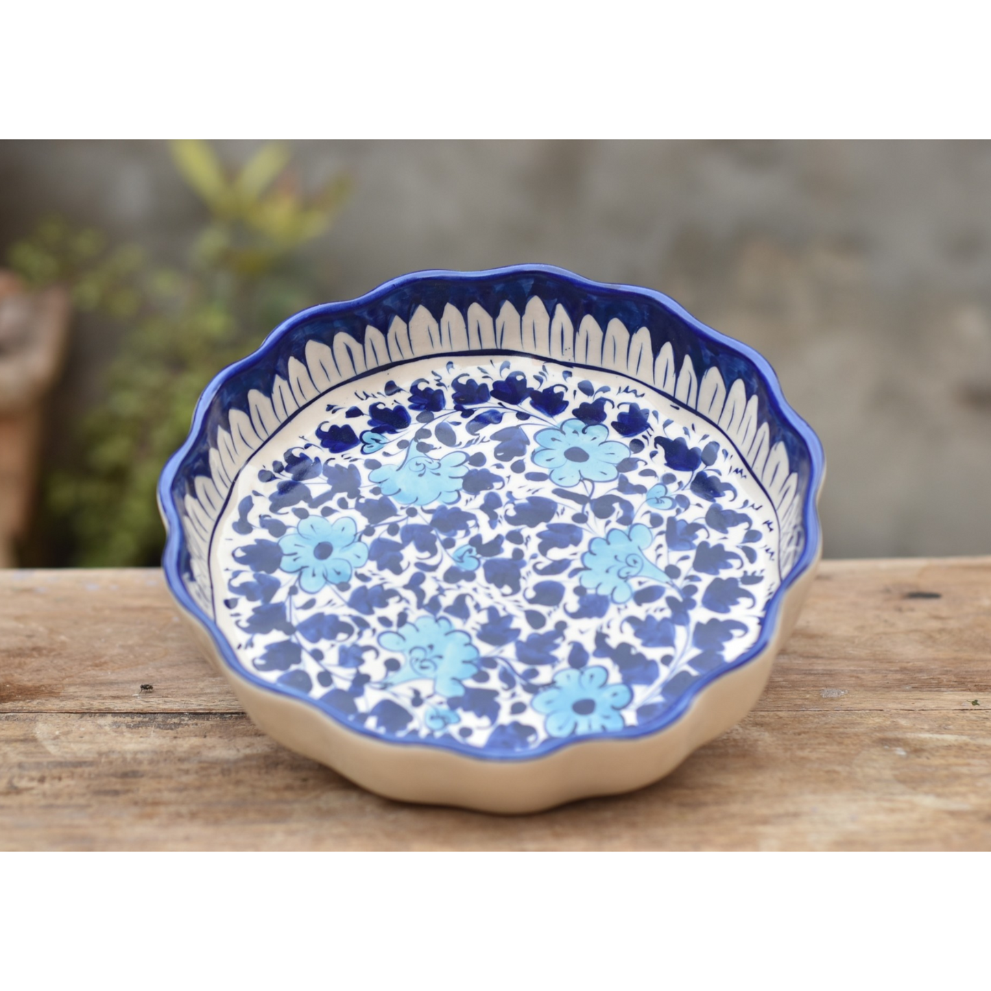 White Floral large Round Eving dish|Blue pottery Safalina