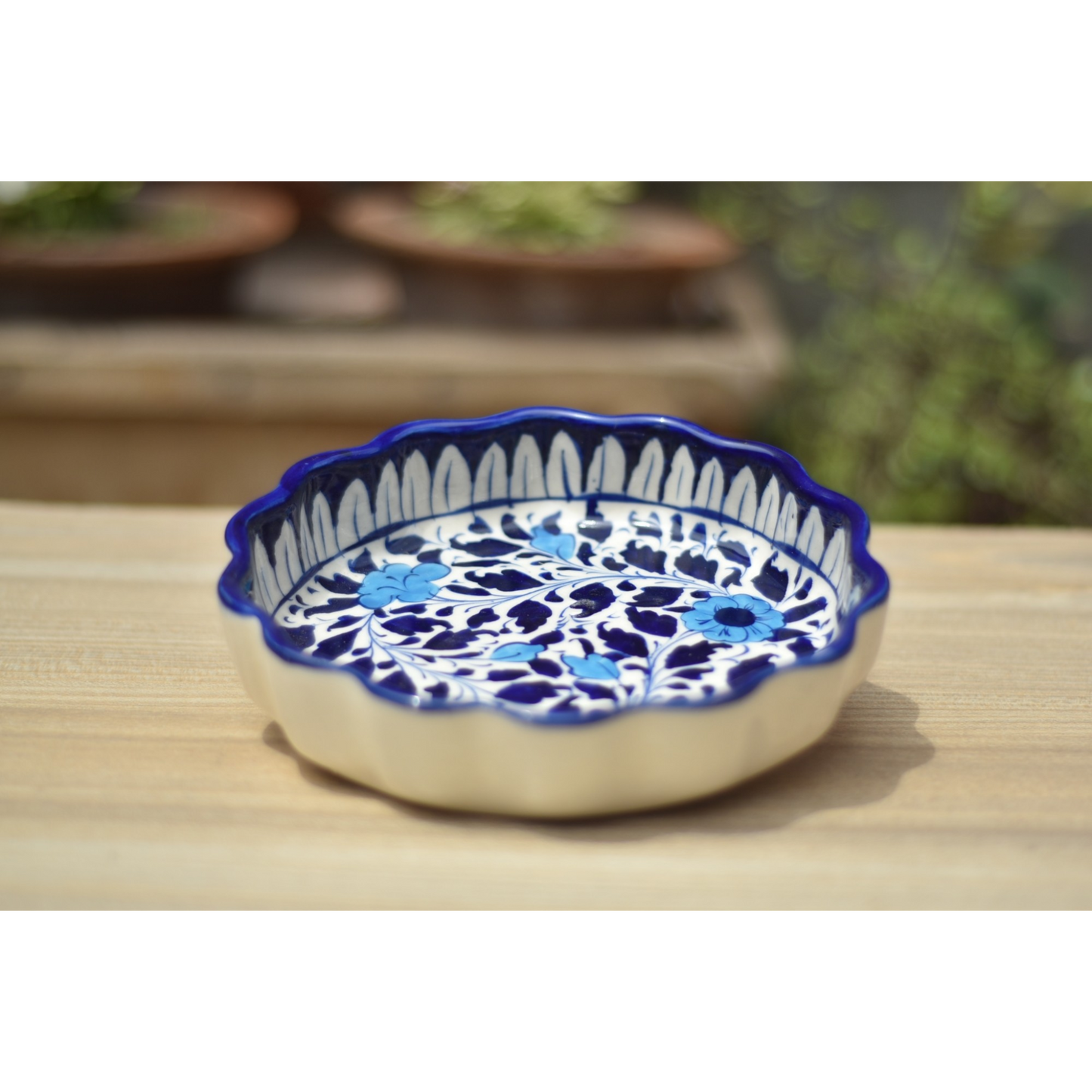 White Floral Medium Round Eving dish|Blue pottery Safalina