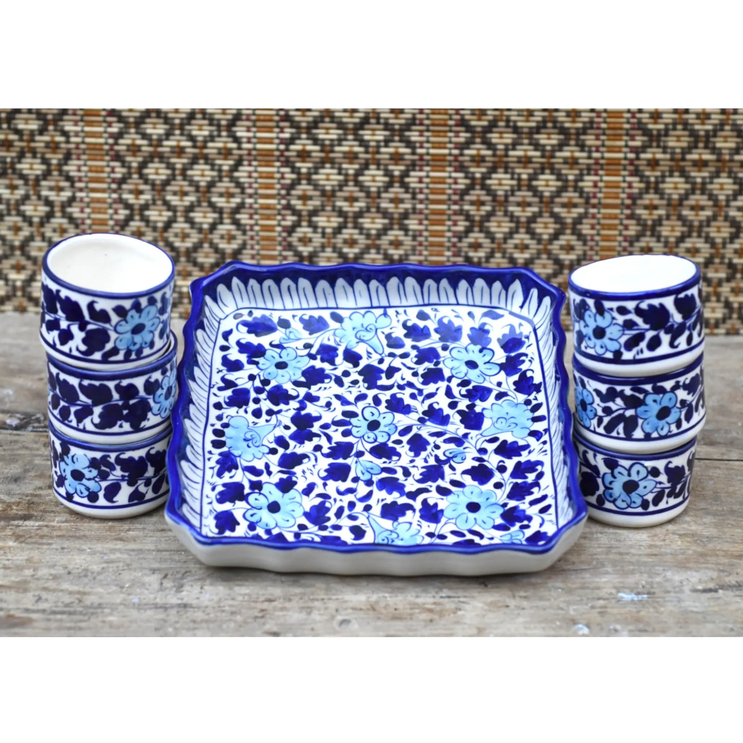 7 Piece White Floral Dessert Serving Set|Blue Pottery Safalina