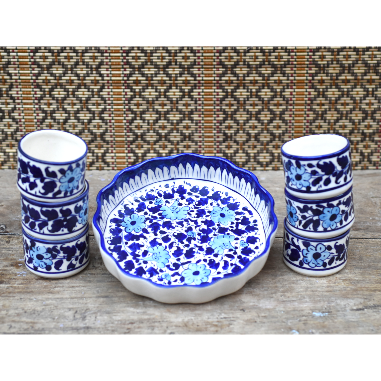 7 Piece White Floral Dessert Serving Set (Round)|Blue Pottery Safalina
