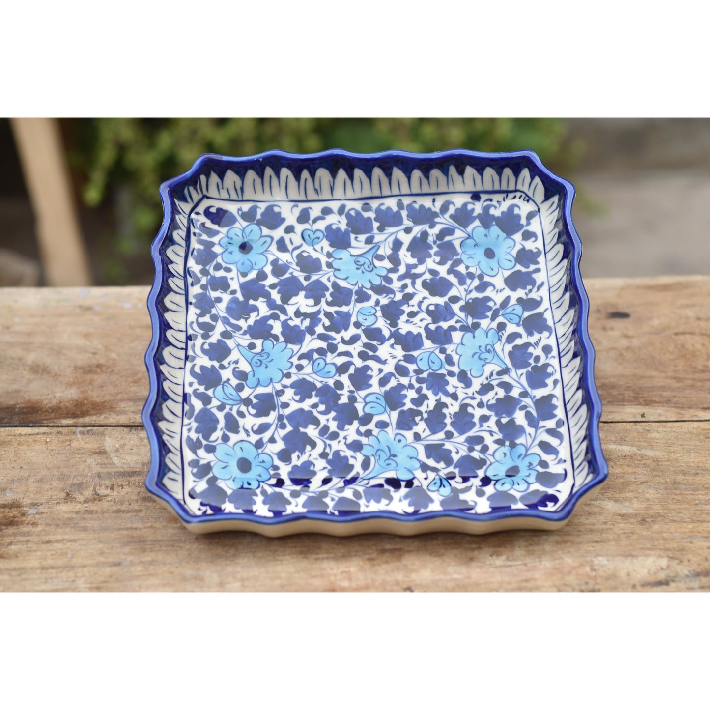 White Floral Large Square Platter|Blue pottery Safalina