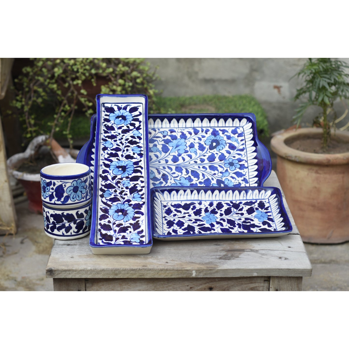 5 Piece Floral White BBQ Serving Set|Blue Pottery Safalina