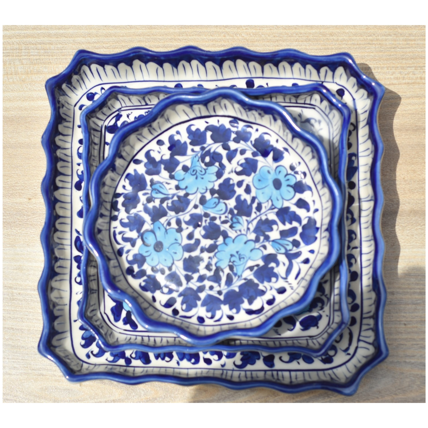 Set of Three White Floral Platter/Serving dish|Blue pottery Safalina