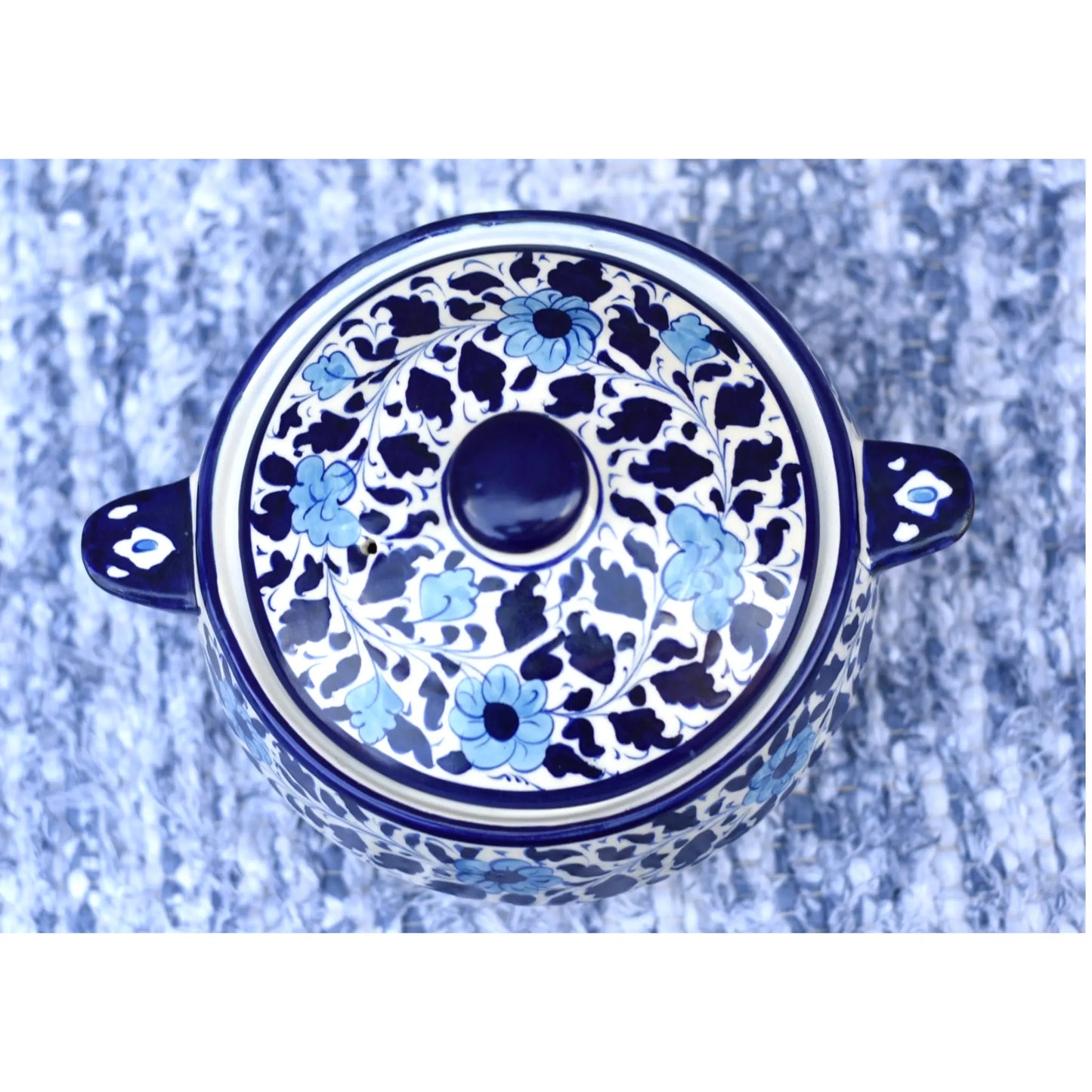 White Floral Donga/Cover Pot|Blue Pottery Safalina