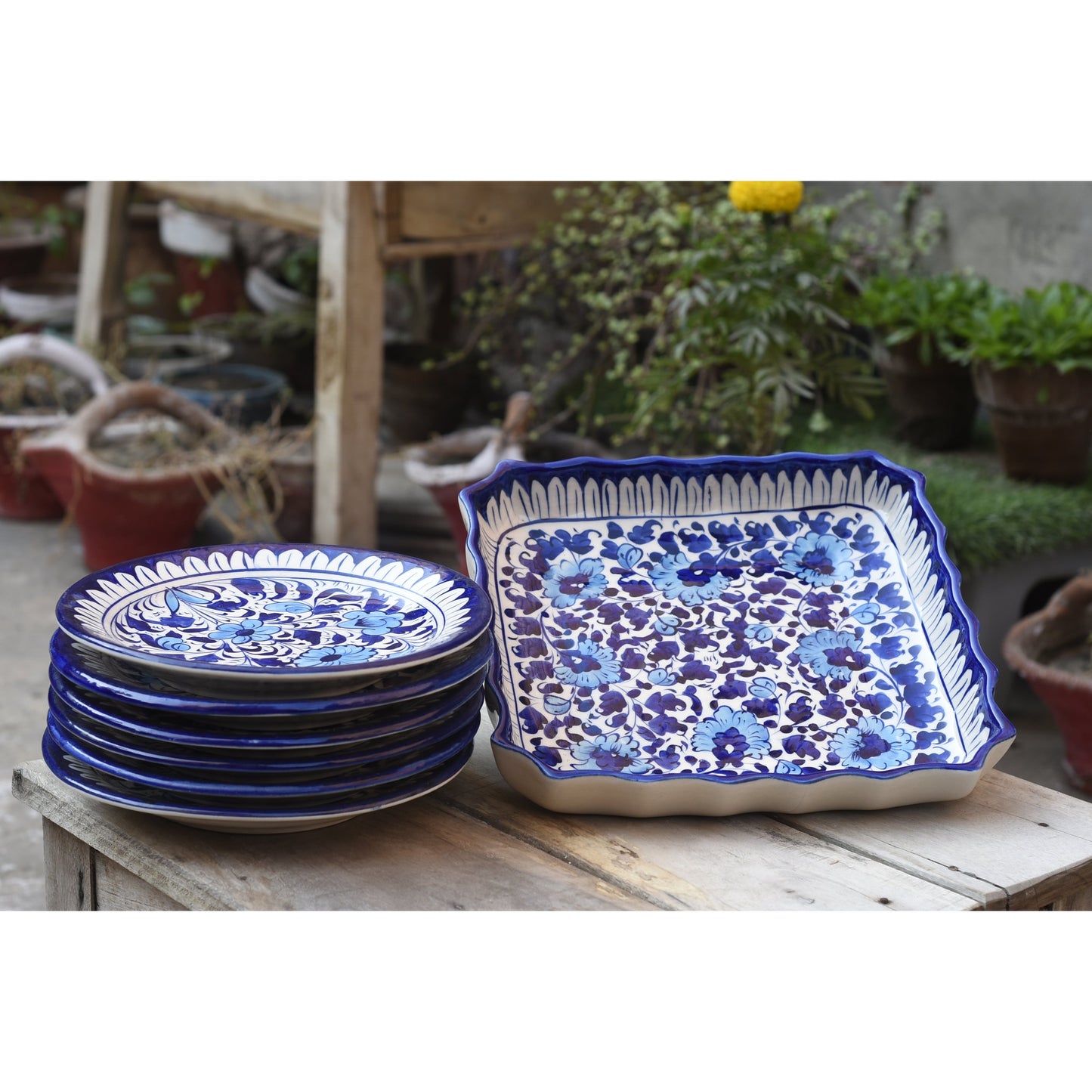 Floral White Dessert Serving Set(Square+plate)|Blue Pottery Safalina