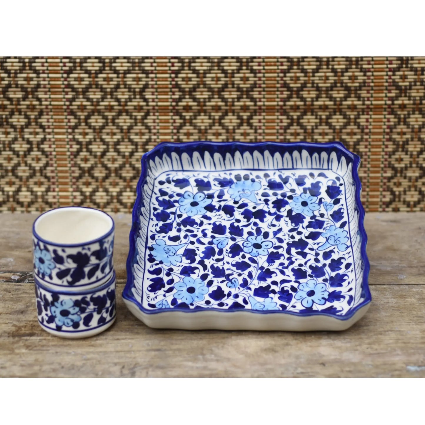 7 Piece White Floral Dessert Serving Set|Blue Pottery Safalina