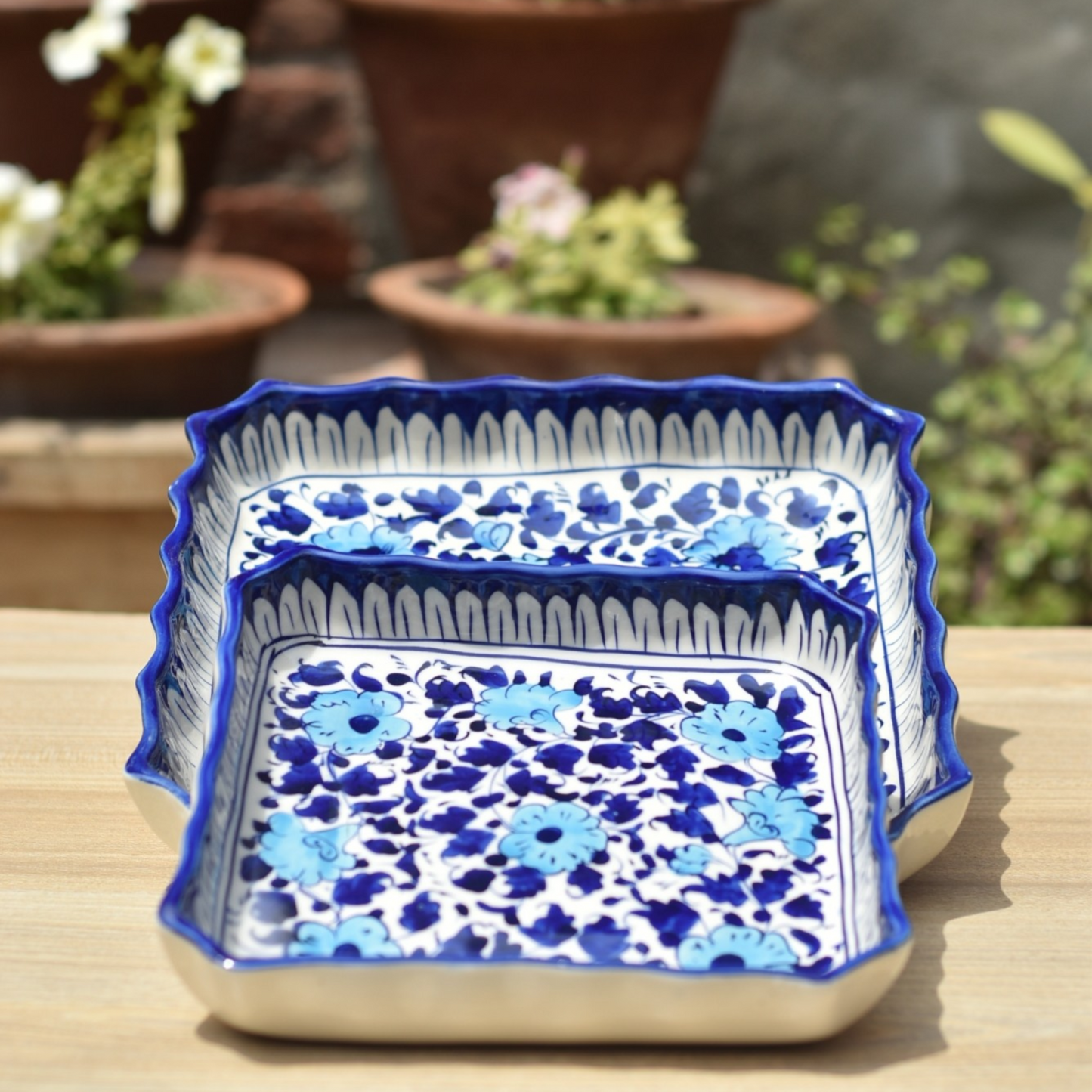 Set of two White Floral Square Serving dish|Blue pottery Safalina