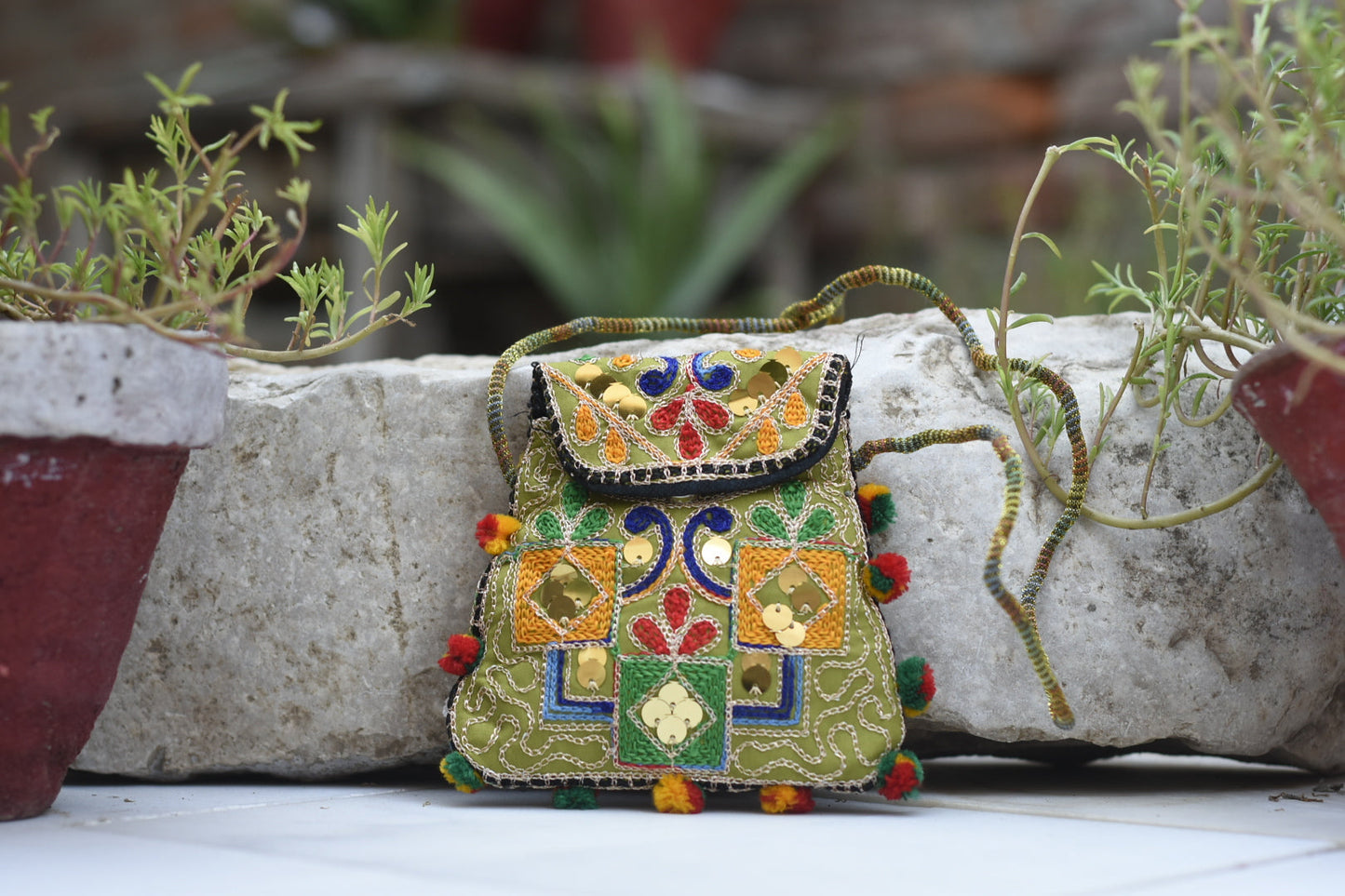 Handmade Kashmiri Glasswork and Aariwork over the shoulder purse| Small Safalina