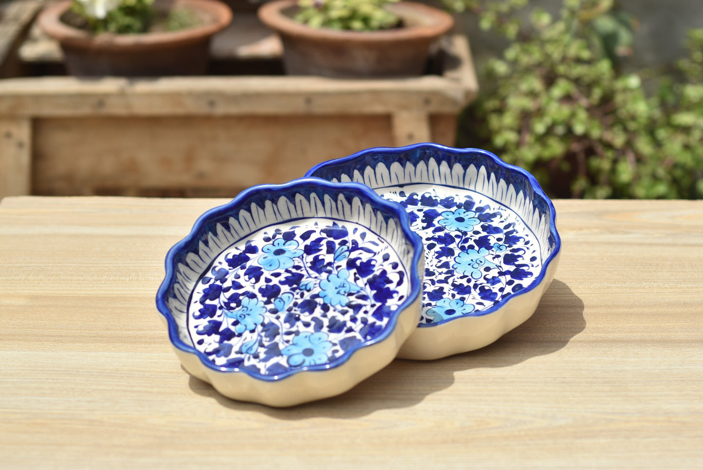 Set of Two White Floral Round Serving dish|Blue pottery Safalina