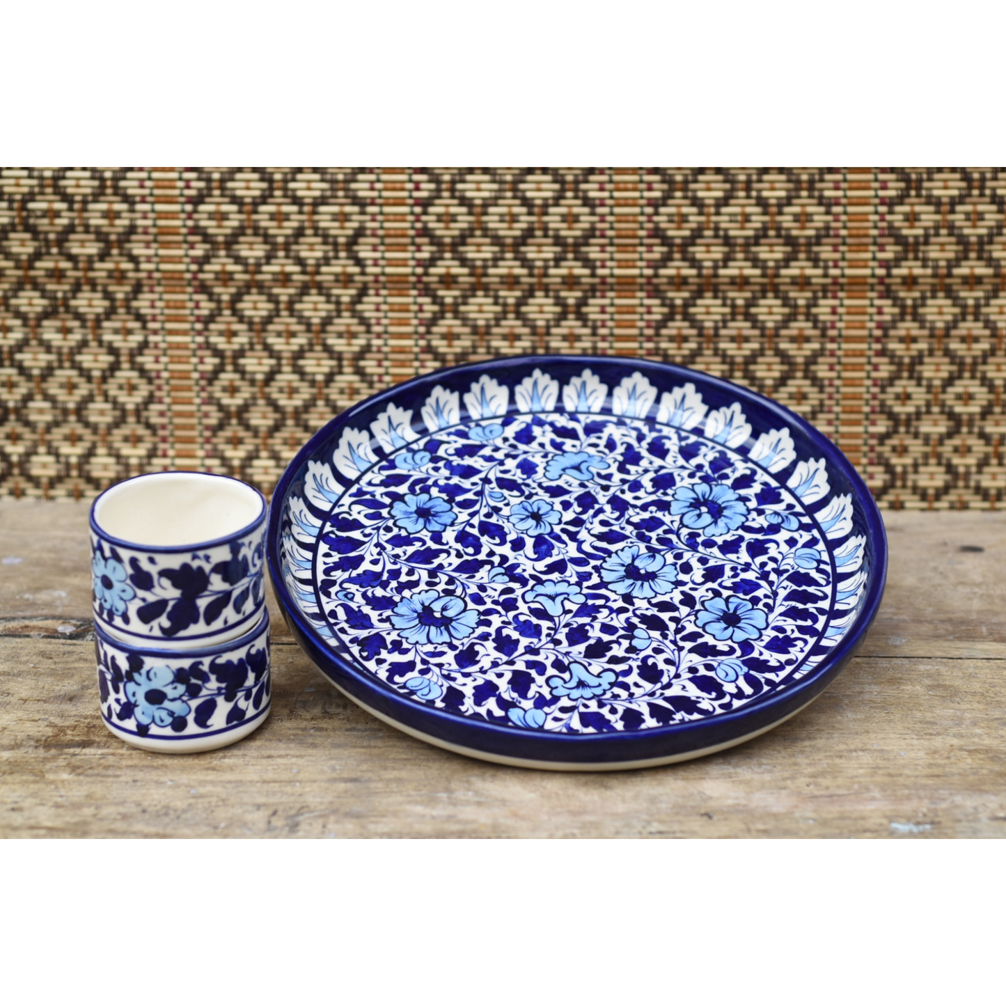 3 Piece White Floral Pizza Serving Set|Blue pottery Safalina