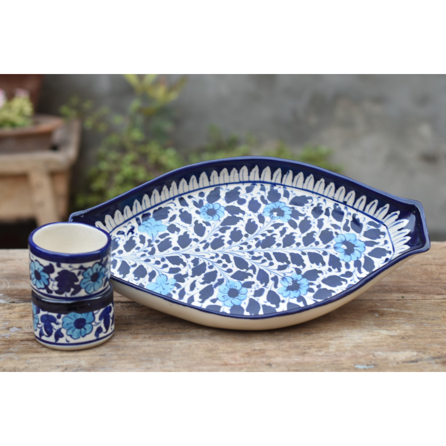 3 Piece White Floral Rice Serving Set|Blue pottery Safalina