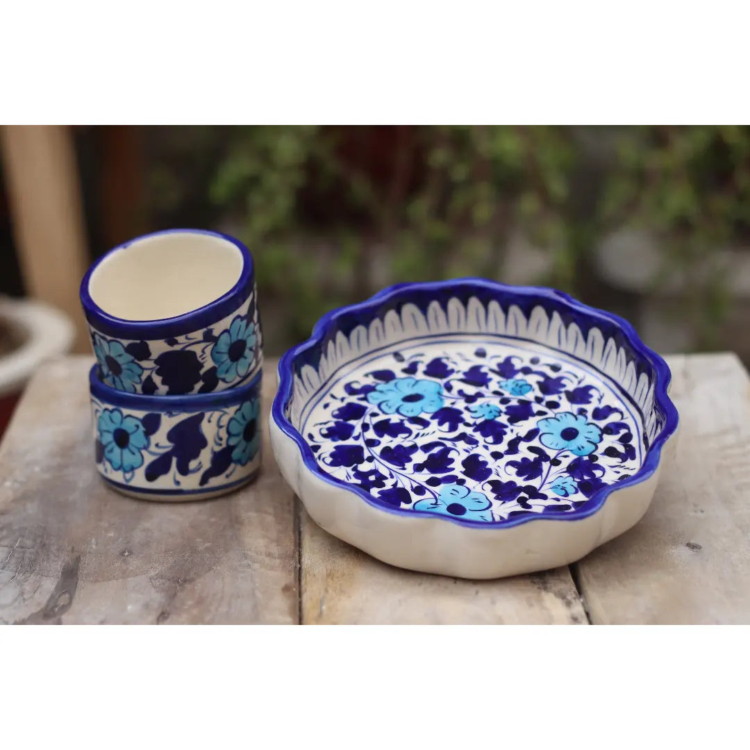 3 Piece White Floral Serving Set|Blue Pottery Safalina