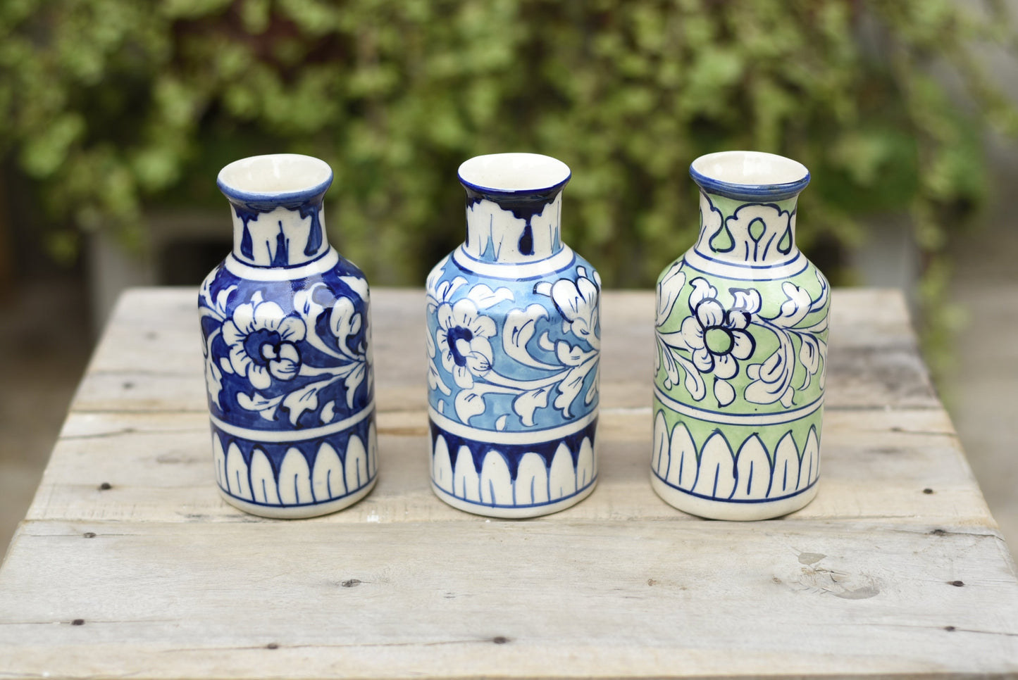 Set of Three 5.5 inches Bottle Vases|Blue Pottery Safalina