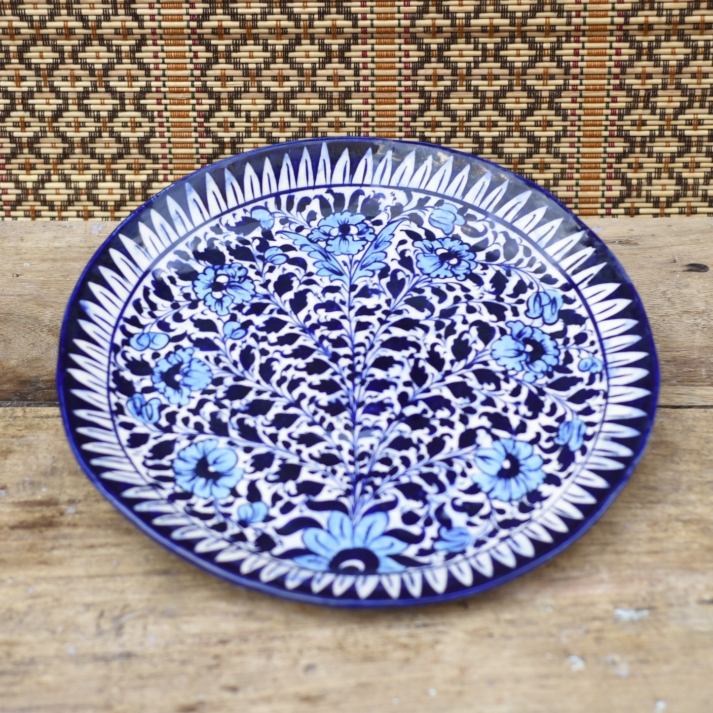 White Floral extra Large Round Platter/ Pizza Plate|Blue pottery Safalina
