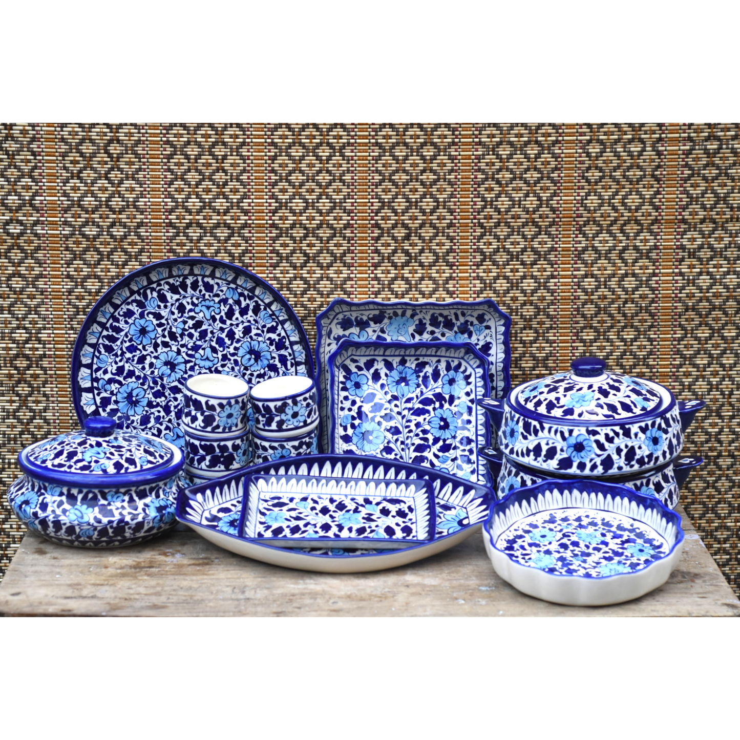 14 Piece White Floral Serving Set|Blue pottery Safalina