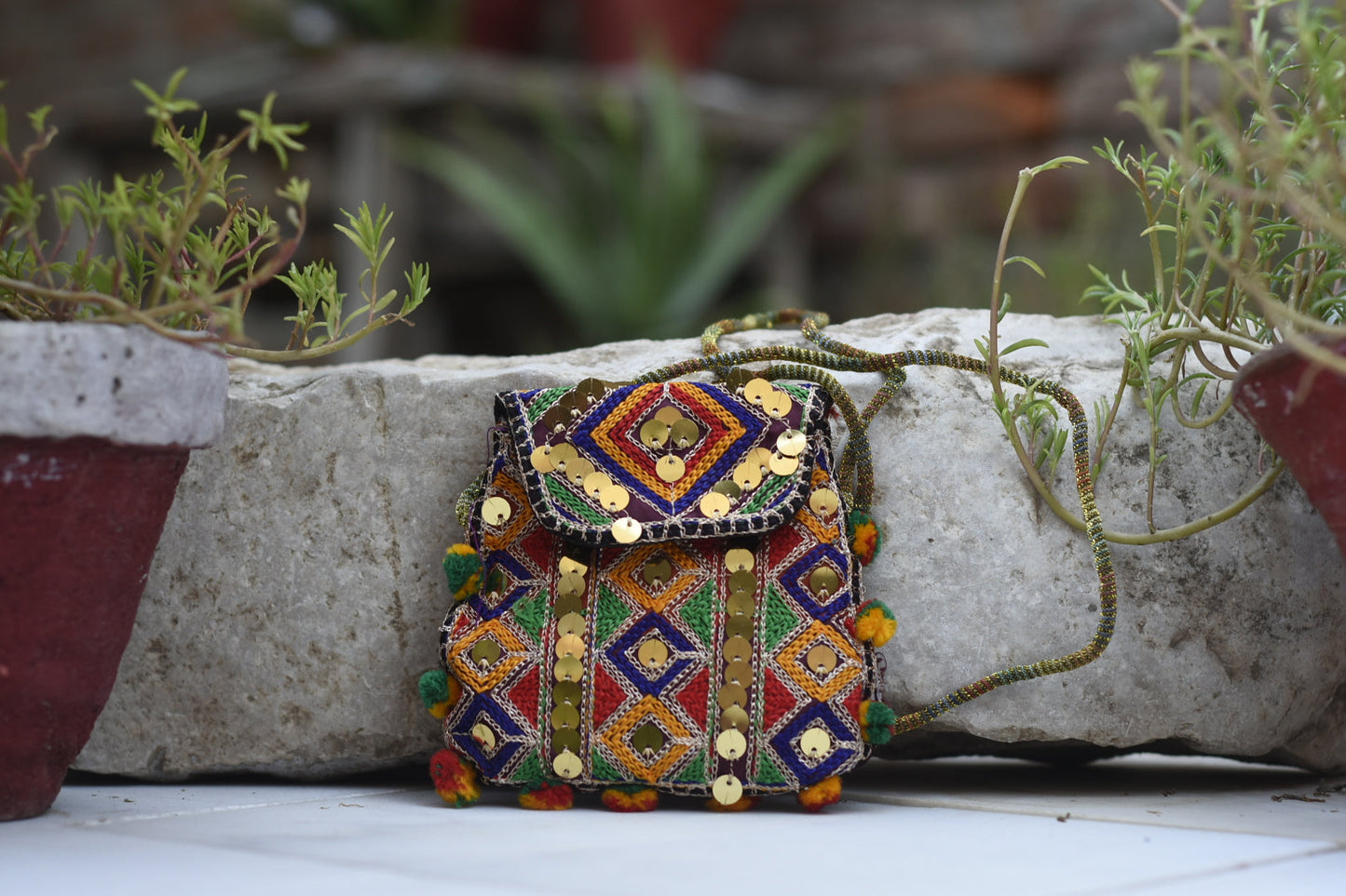 Handmade Kashmiri Glasswork and Aariwork over the shoulder purse| Small Safalina