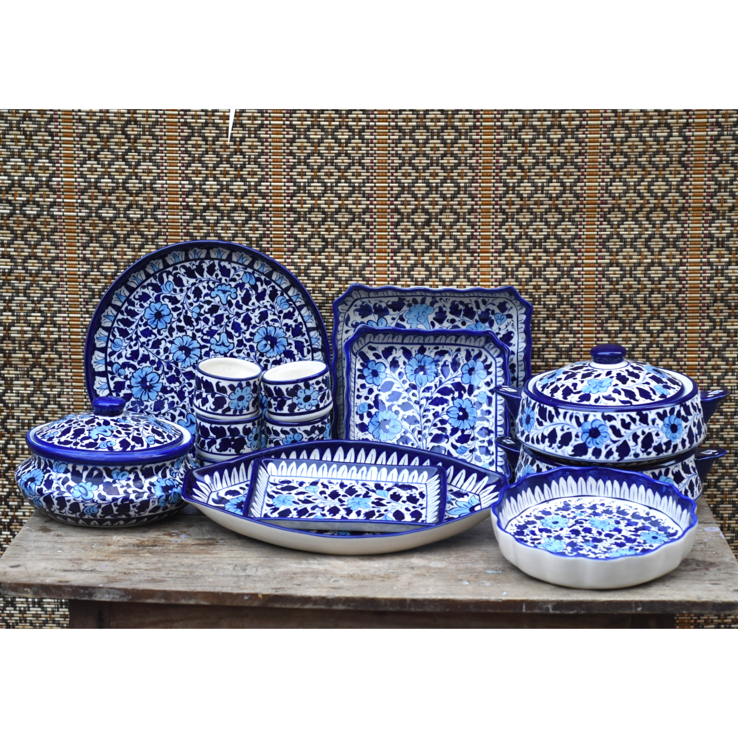14 Piece White Floral Serving Set|Blue pottery Safalina