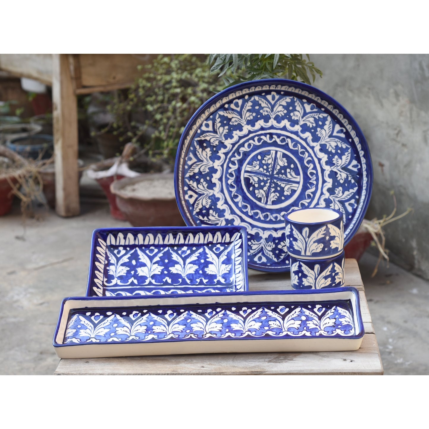 5 Piece Classic Blue BBQ Serving Set|Blue Pottery Safalina