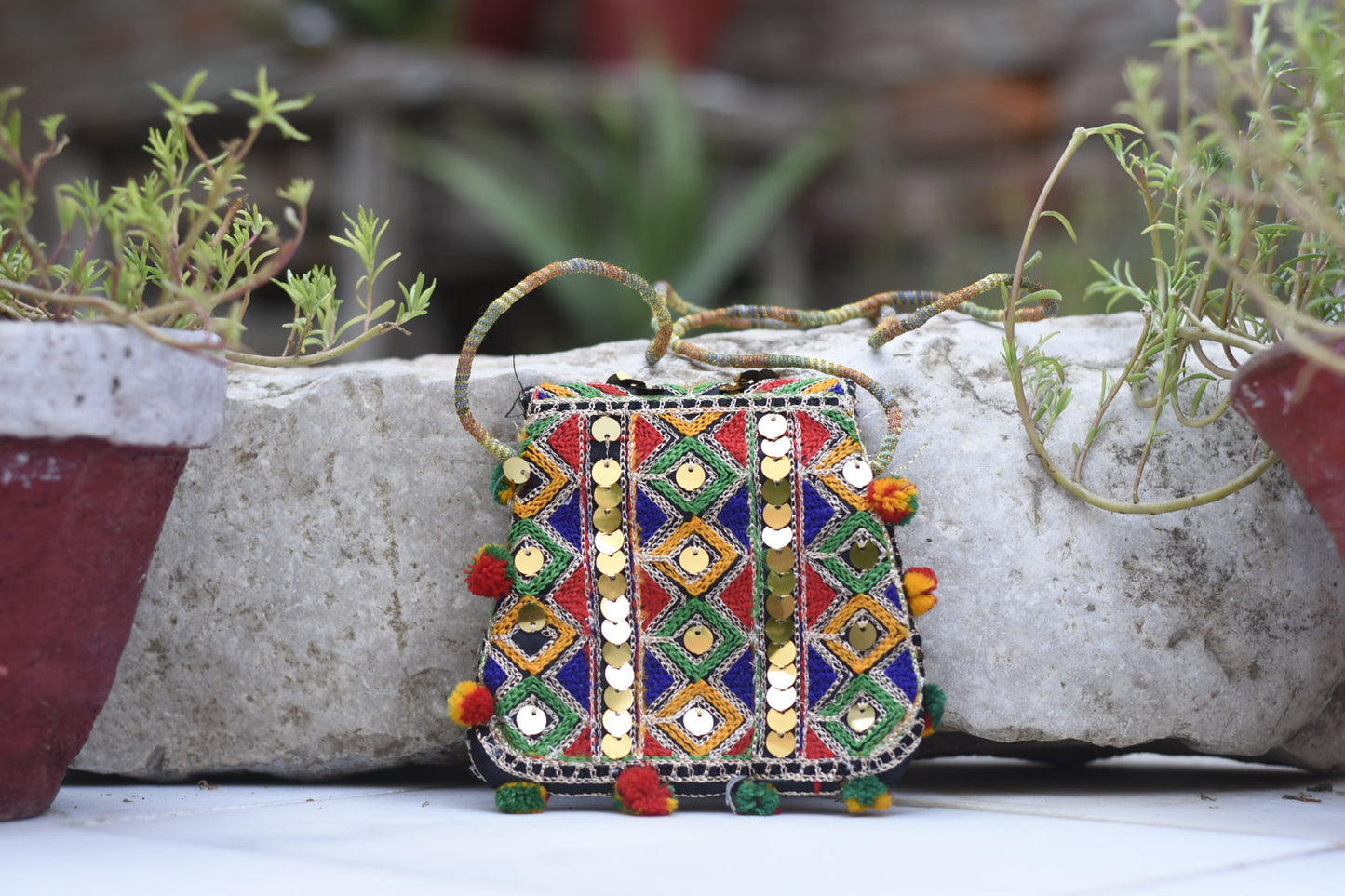 Handmade Kashmiri Glasswork and Aariwork over the shoulder purse| Small Safalina