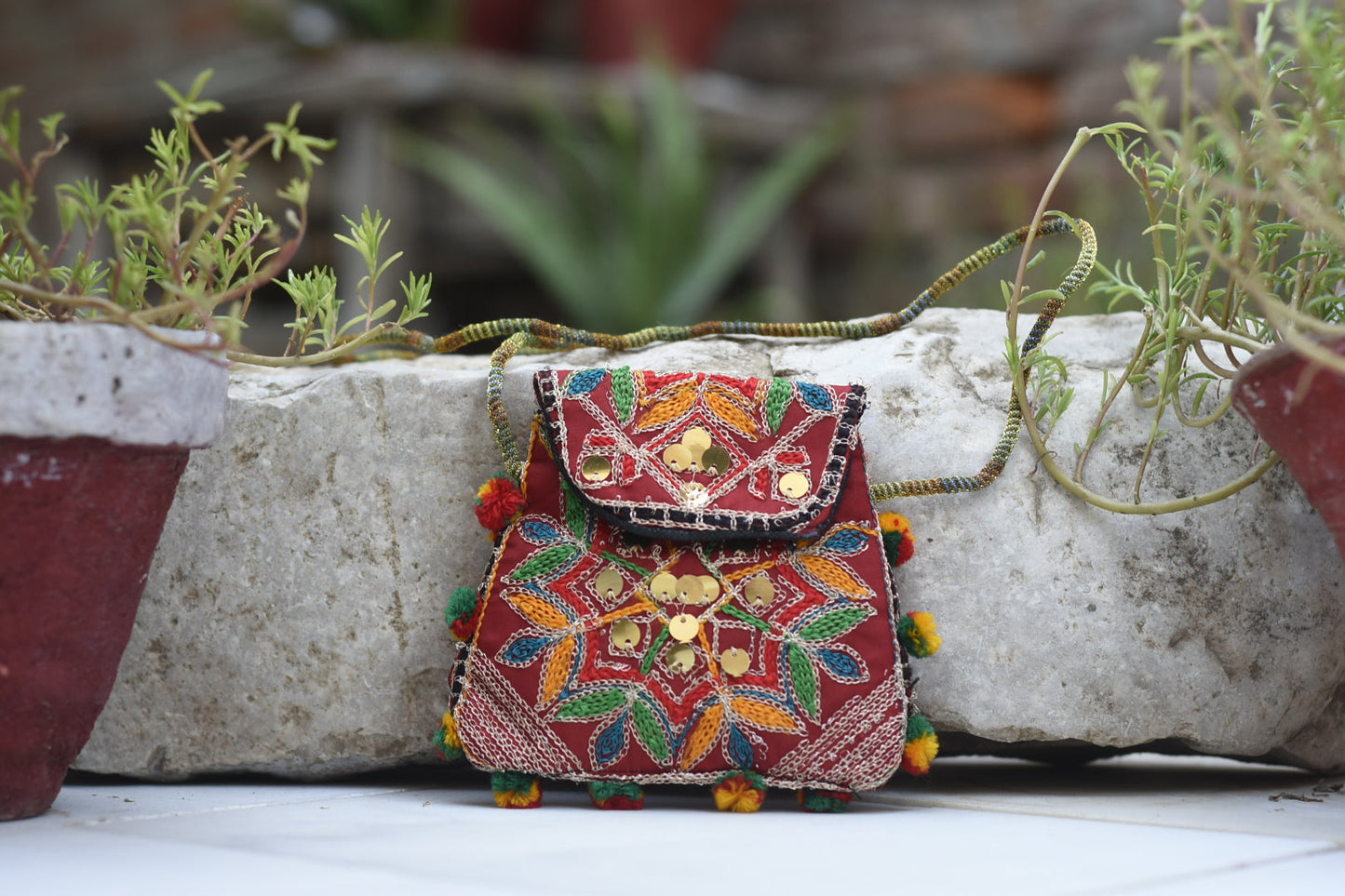 Handmade Kashmiri Glasswork and Aariwork over the shoulder purse| Small Safalina
