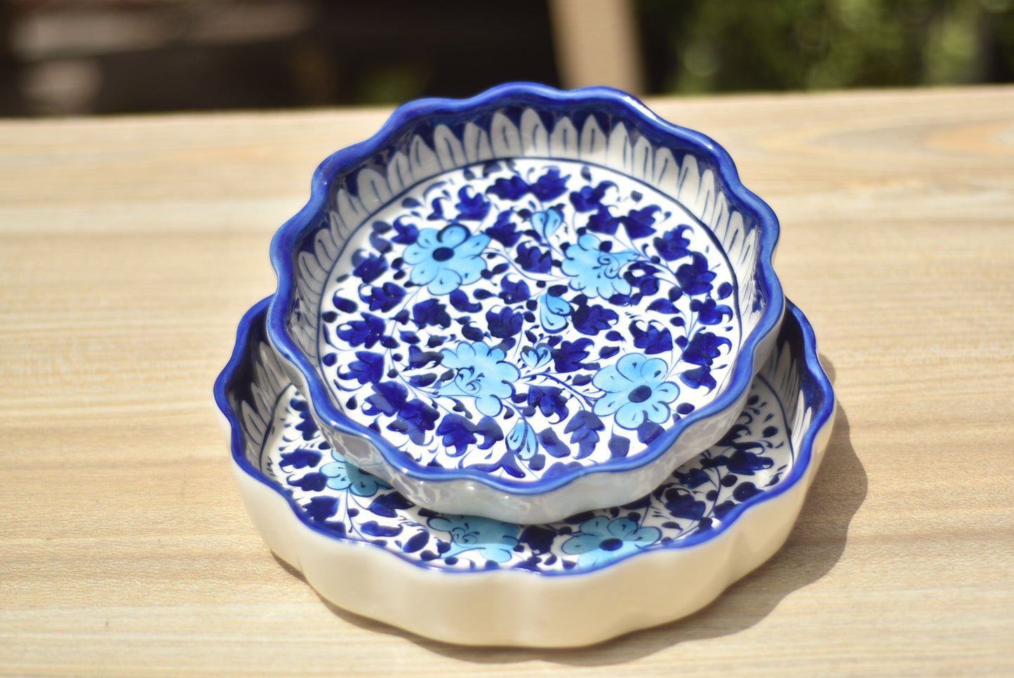 Set of Two White Floral Round Serving dish|Blue pottery Safalina