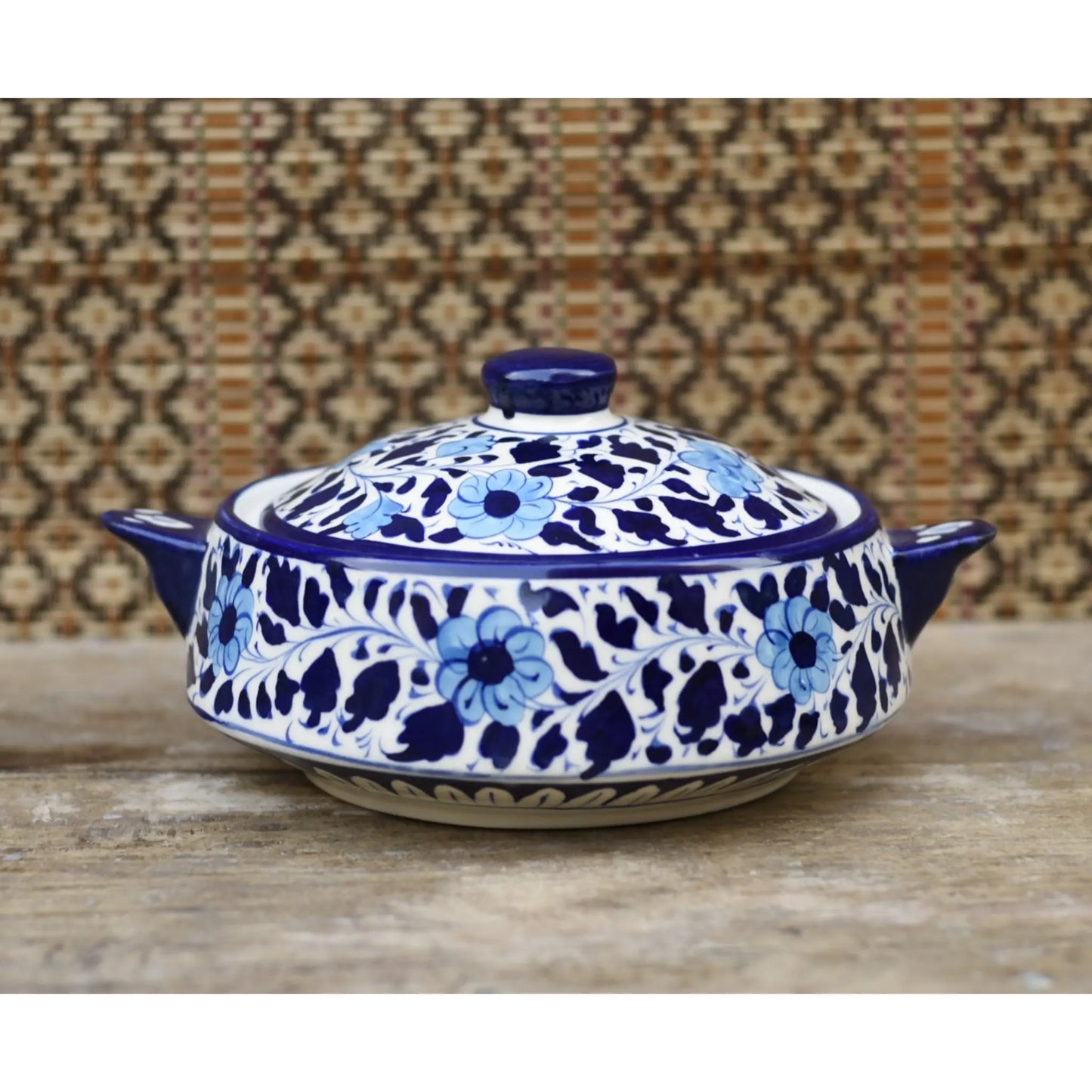 White Floral Donga/Cover Pot|Blue Pottery Safalina