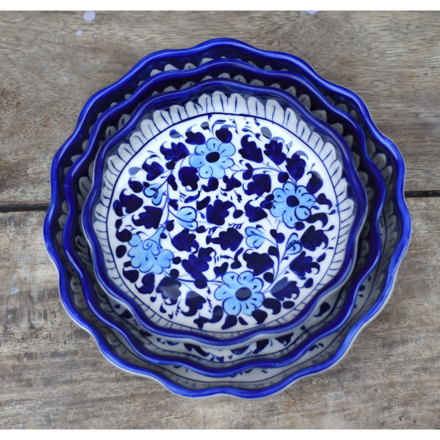 Set of Three White Floral Round Serving dish|Blue pottery Safalina