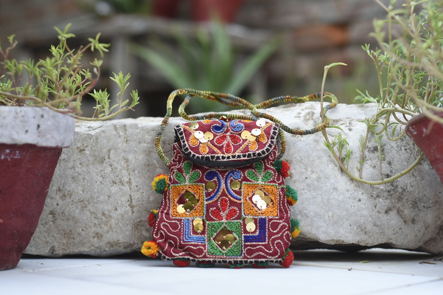 Handmade Kashmiri Glasswork and Aariwork over the shoulder purse| Small Safalina