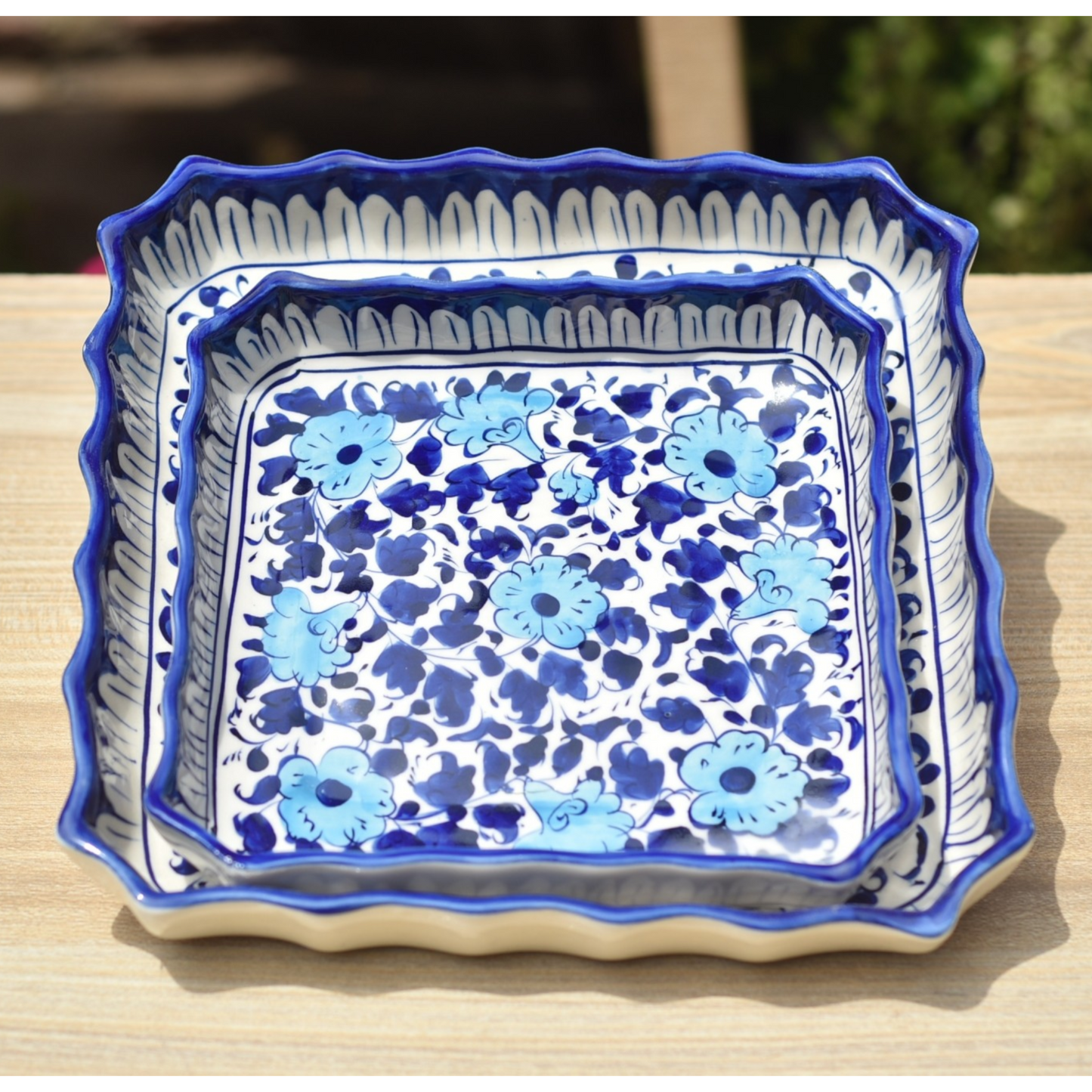 Set of two White Floral Square Serving dish|Blue pottery Safalina
