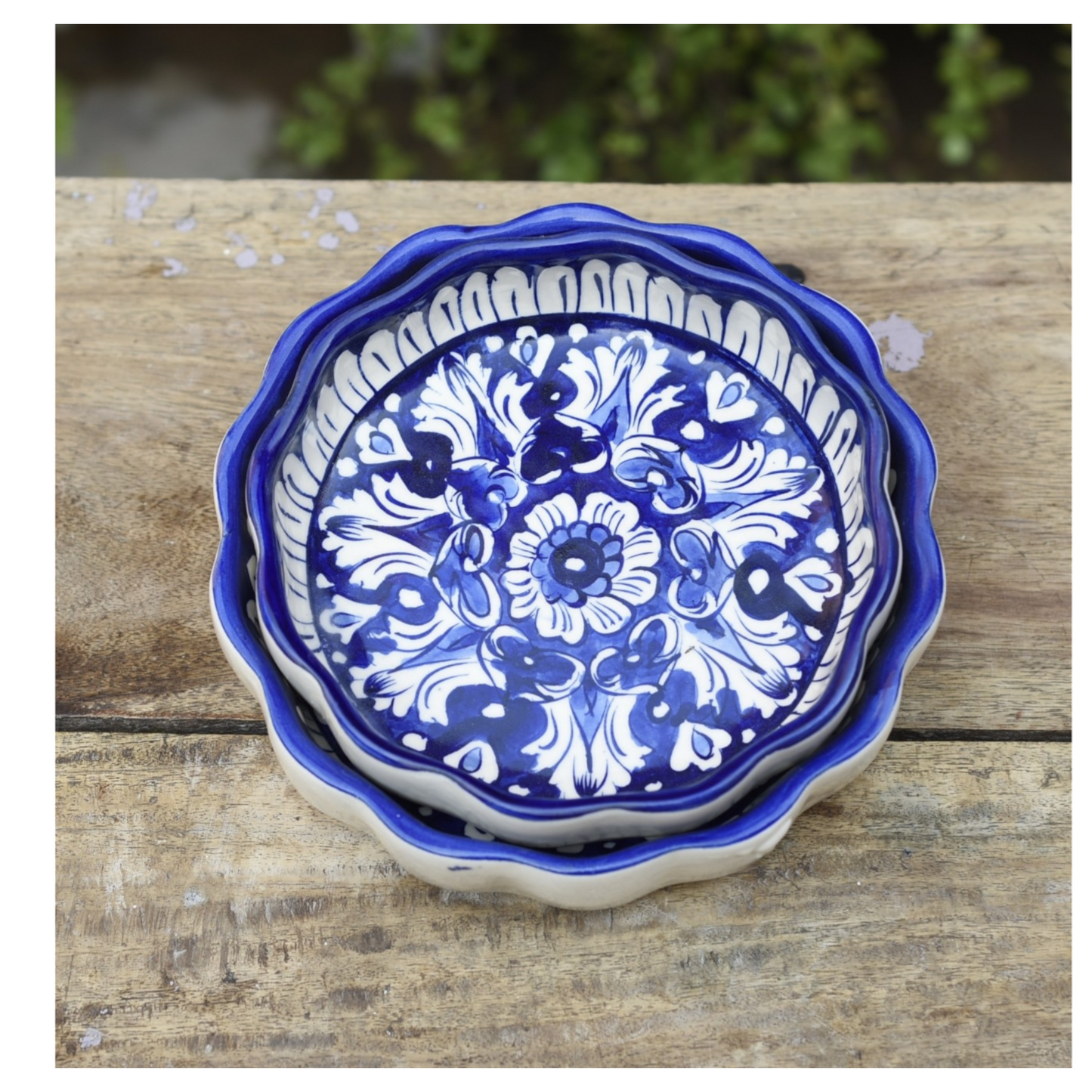 Set of Two Iconic Blue Round Serving dish|Blue pottery Safalina