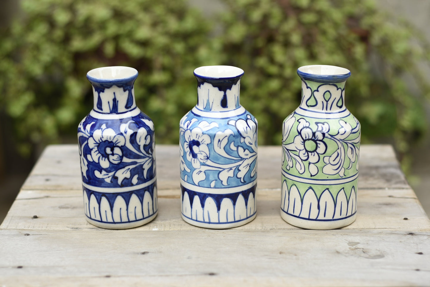 Set of Three 5.5 inches Bottle Vases|Blue Pottery Safalina
