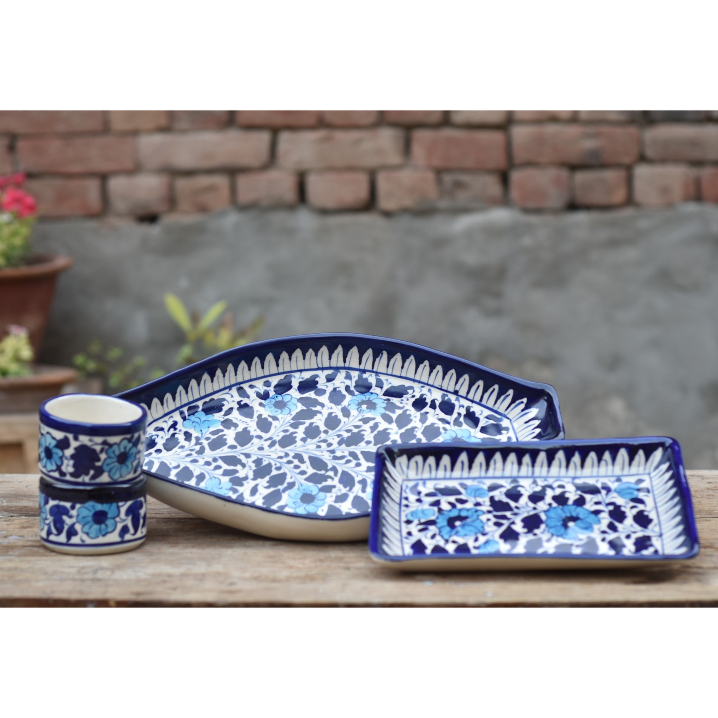 4 Piece White Floral Rice Serving Set|Blue pottery Safalina
