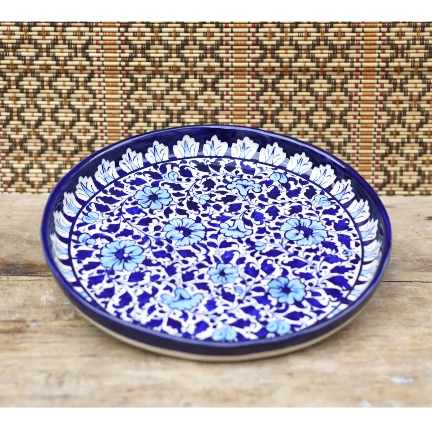 White Floral Large Round Platter/ Pizza Plate|Blue pottery Safalina