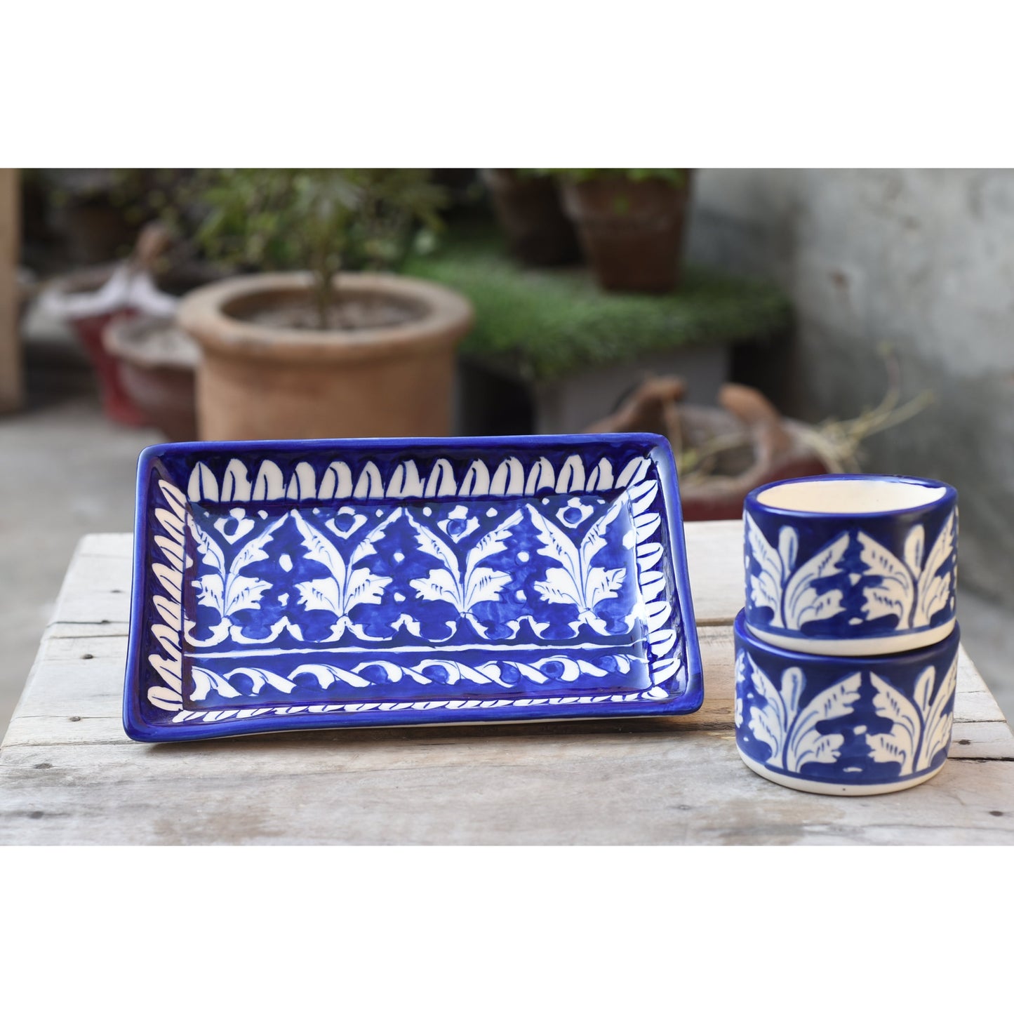 3 Piece Classic Blue kebab Serving Set(Flat)|Blue Pottery Safalina