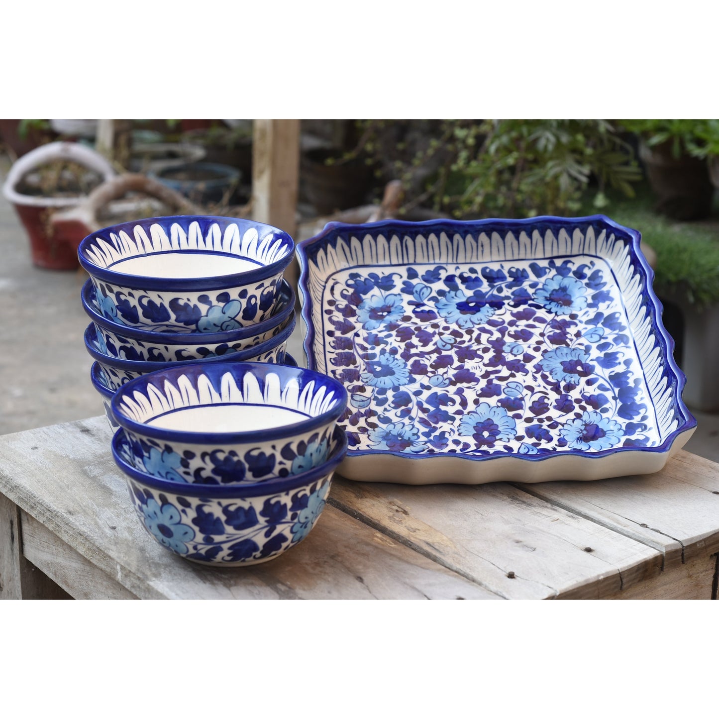 Floral White Dessert Serving Set(Square+bowl)|Blue Pottery Safalina