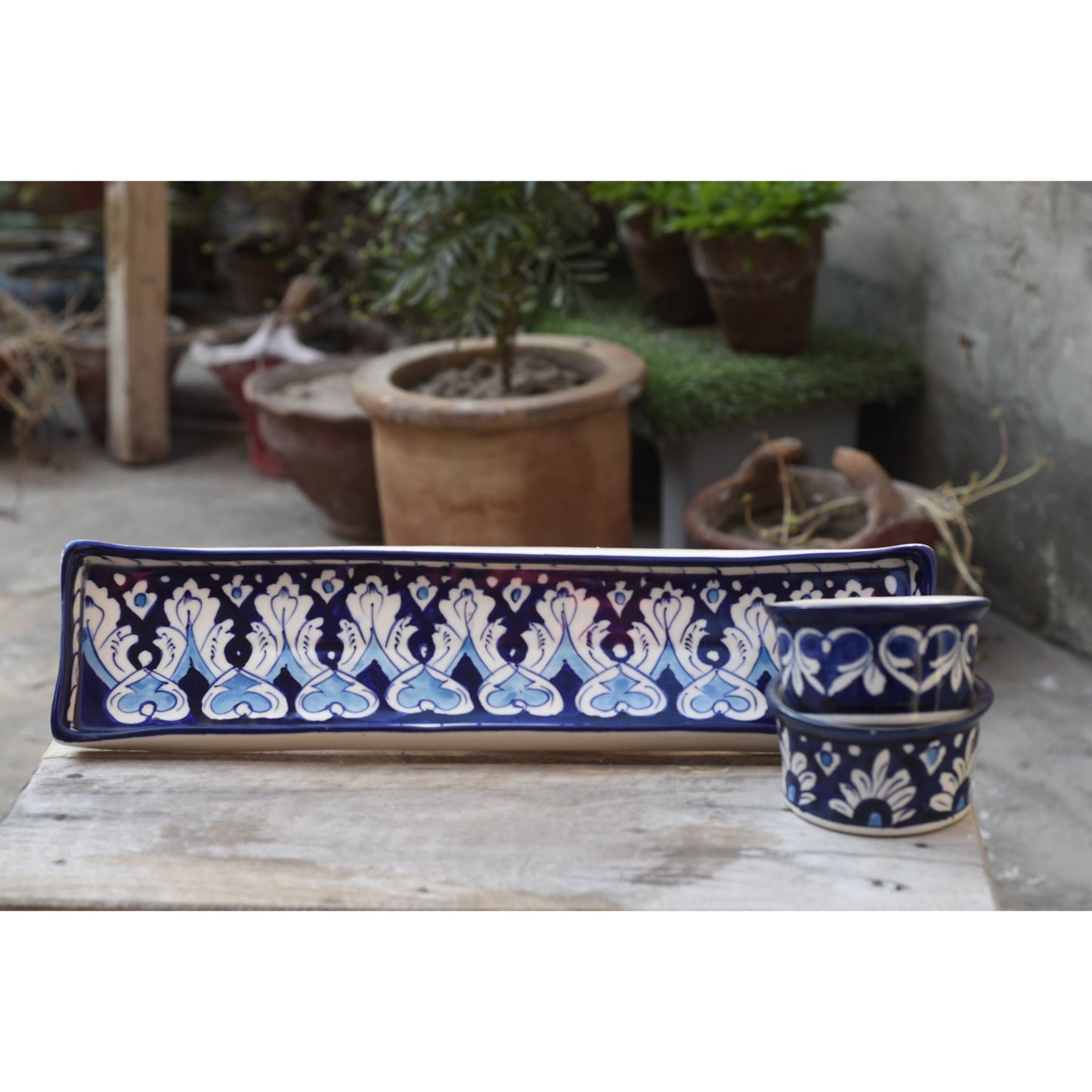 3 Piece Iconic Blue kebab Serving Set(Long)|Blue Pottery Safalina
