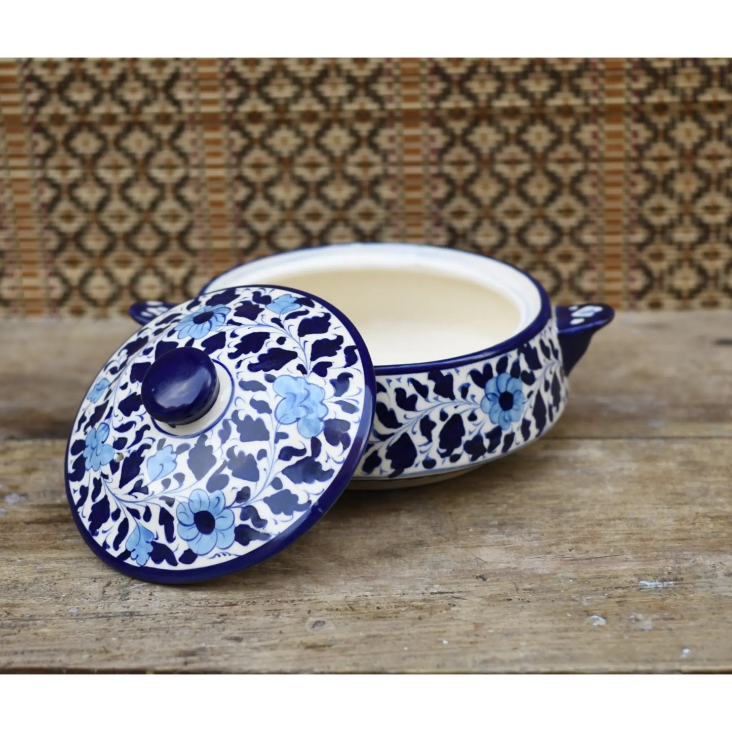 White Floral Donga/Cover Pot|Blue Pottery Safalina