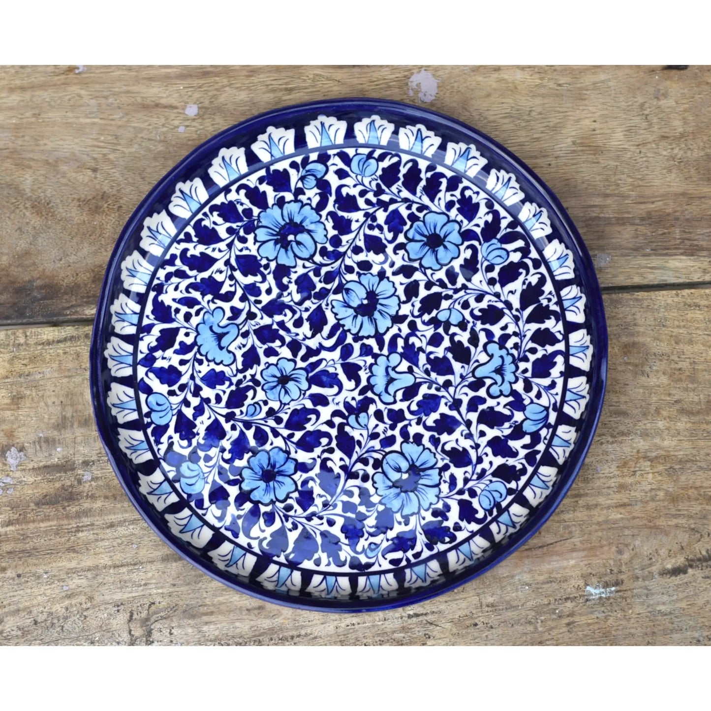 White Floral Large Round Platter/ Pizza Plate|Blue pottery Safalina
