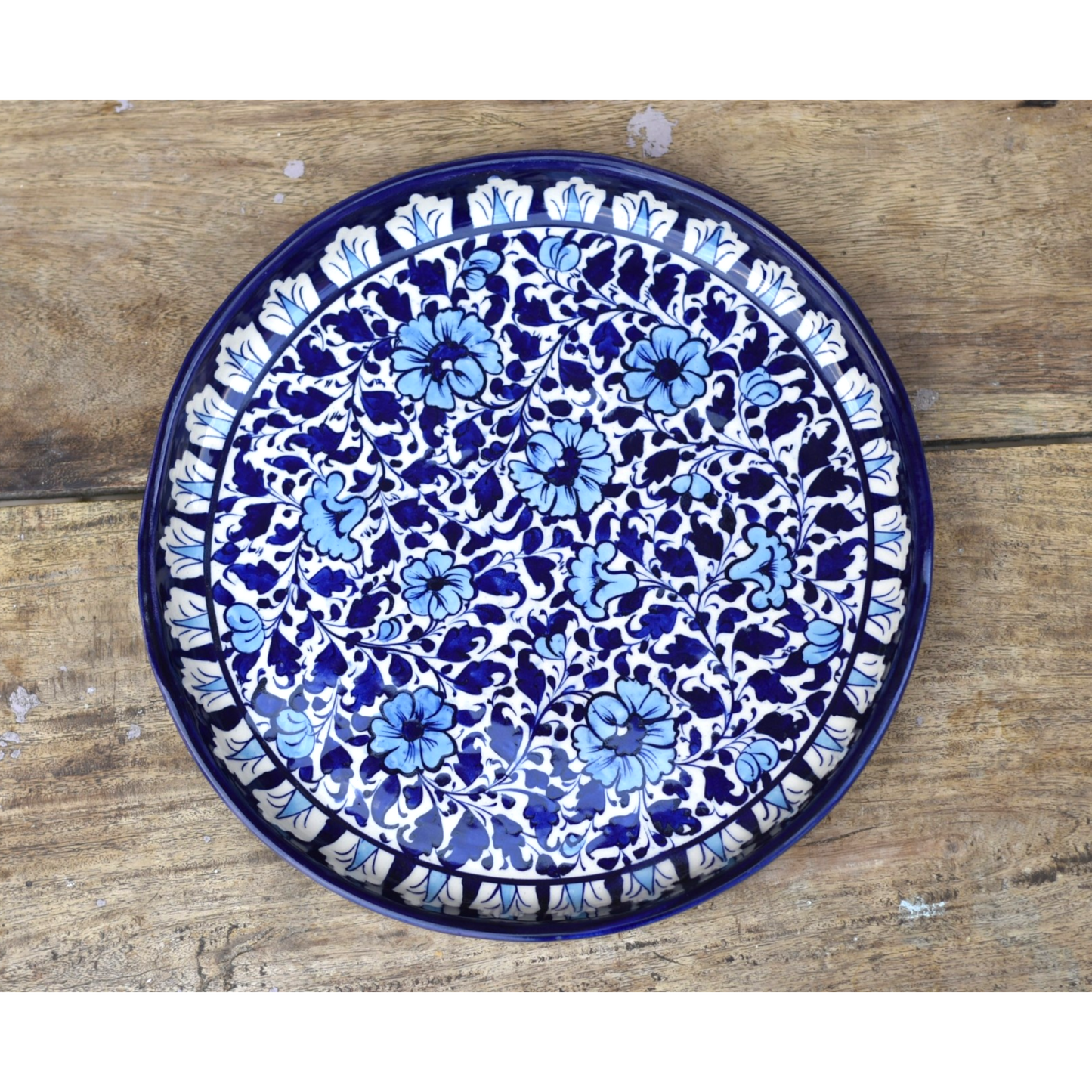 3 Piece White Floral Pizza Serving Set|Blue pottery Safalina