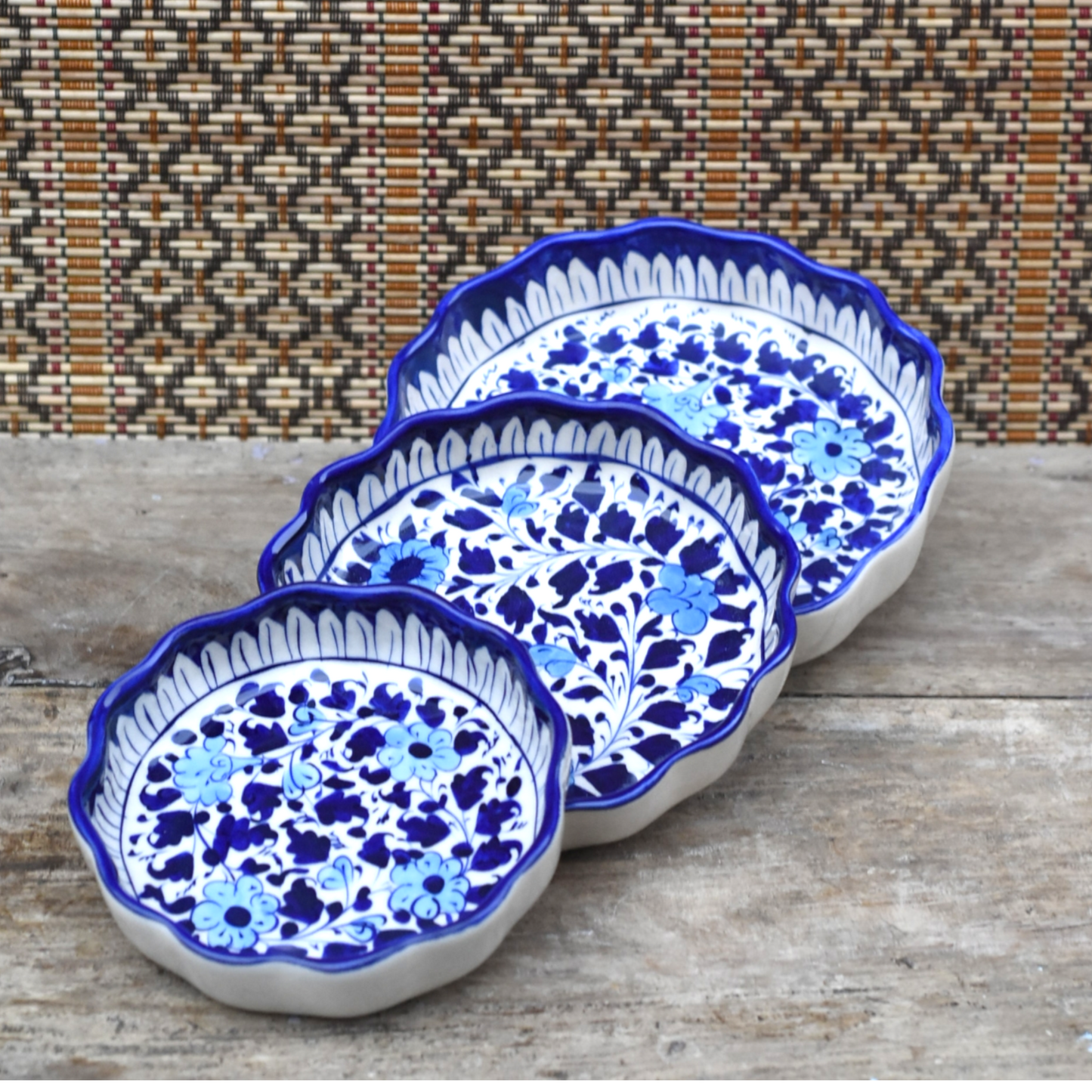 Set of Three White Floral Round Serving dish|Blue pottery Safalina