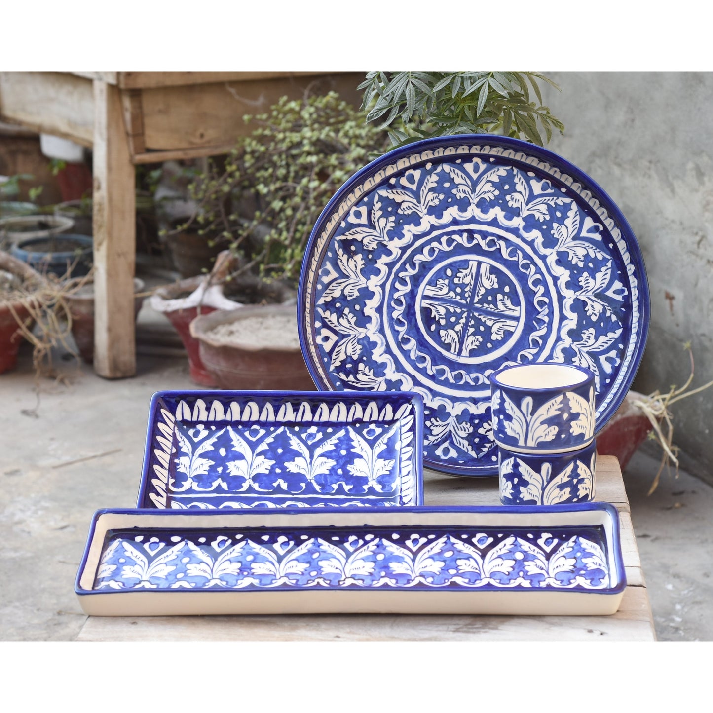 5 Piece Classic Blue BBQ Serving Set|Blue Pottery Safalina