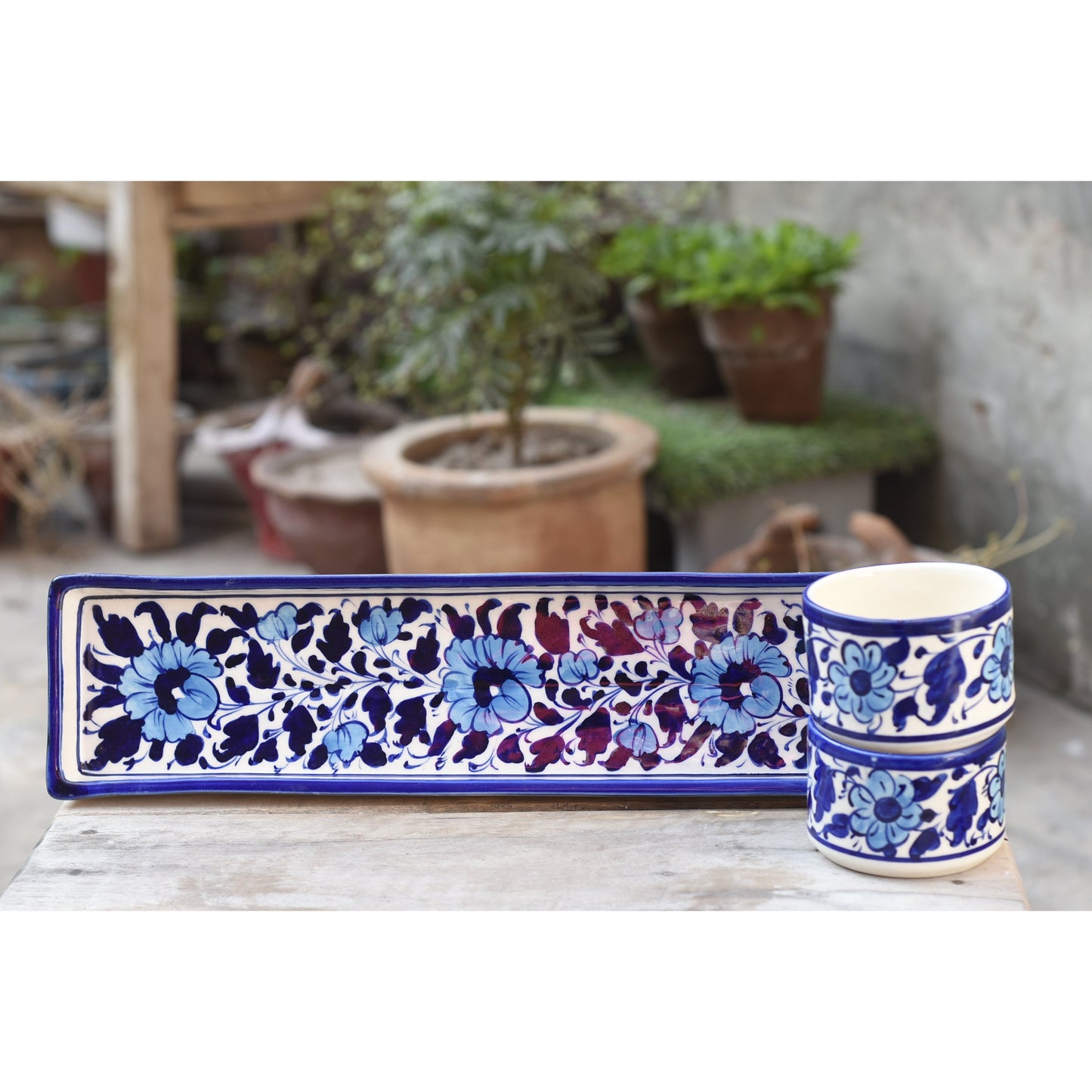 3 Piece Floral White kebab Serving Set(Long)|Blue Pottery Safalina