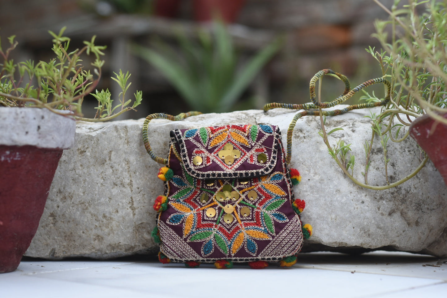 Handmade Kashmiri Glasswork and Aariwork over the shoulder purse| Small Safalina