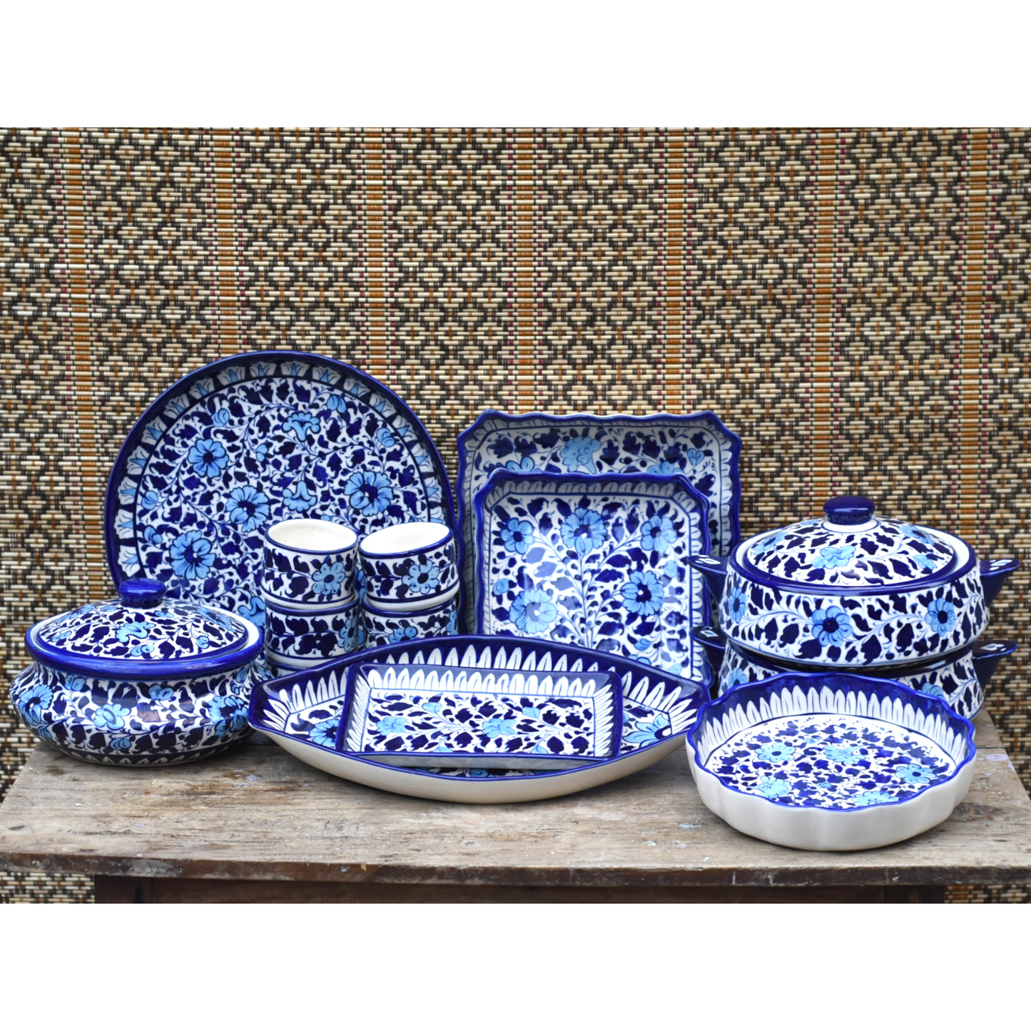 14 Piece White Floral Serving Set|Blue pottery Safalina