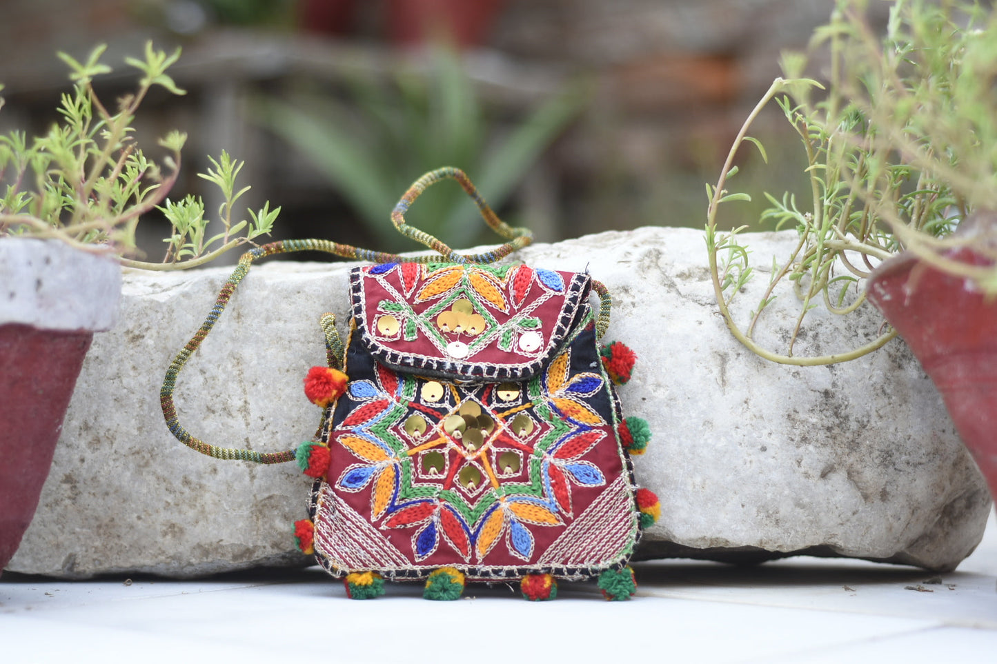 Handmade Kashmiri Glasswork and Aariwork over the shoulder purse| Small Safalina