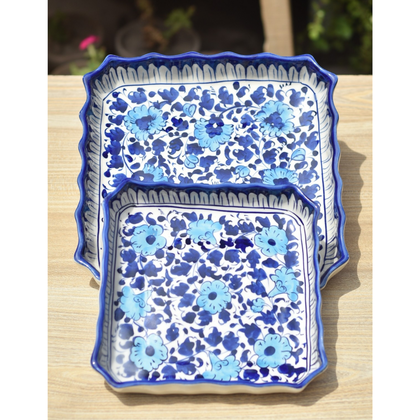 Set of two White Floral Square Serving dish|Blue pottery Safalina