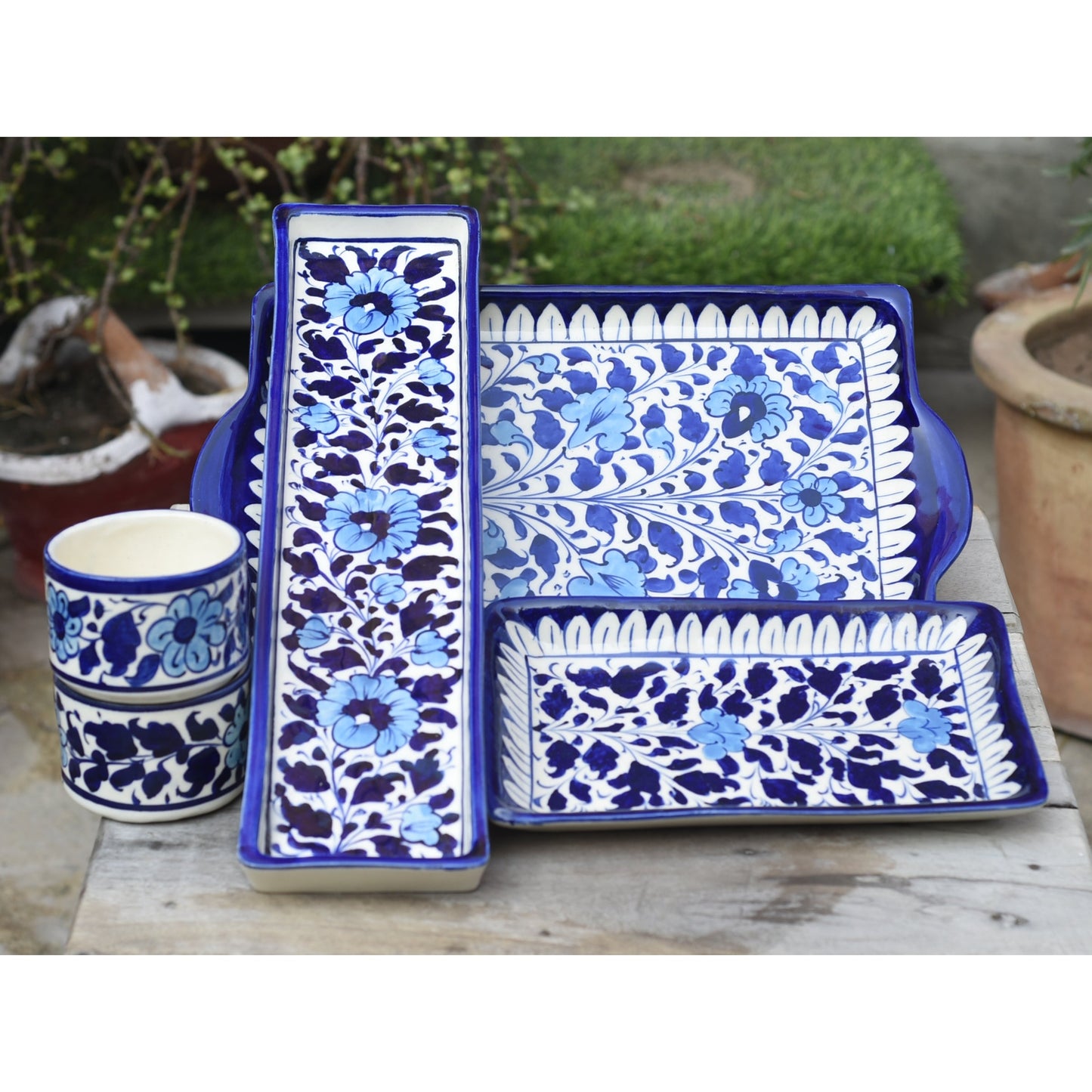 5 Piece Floral White BBQ Serving Set|Blue Pottery Safalina