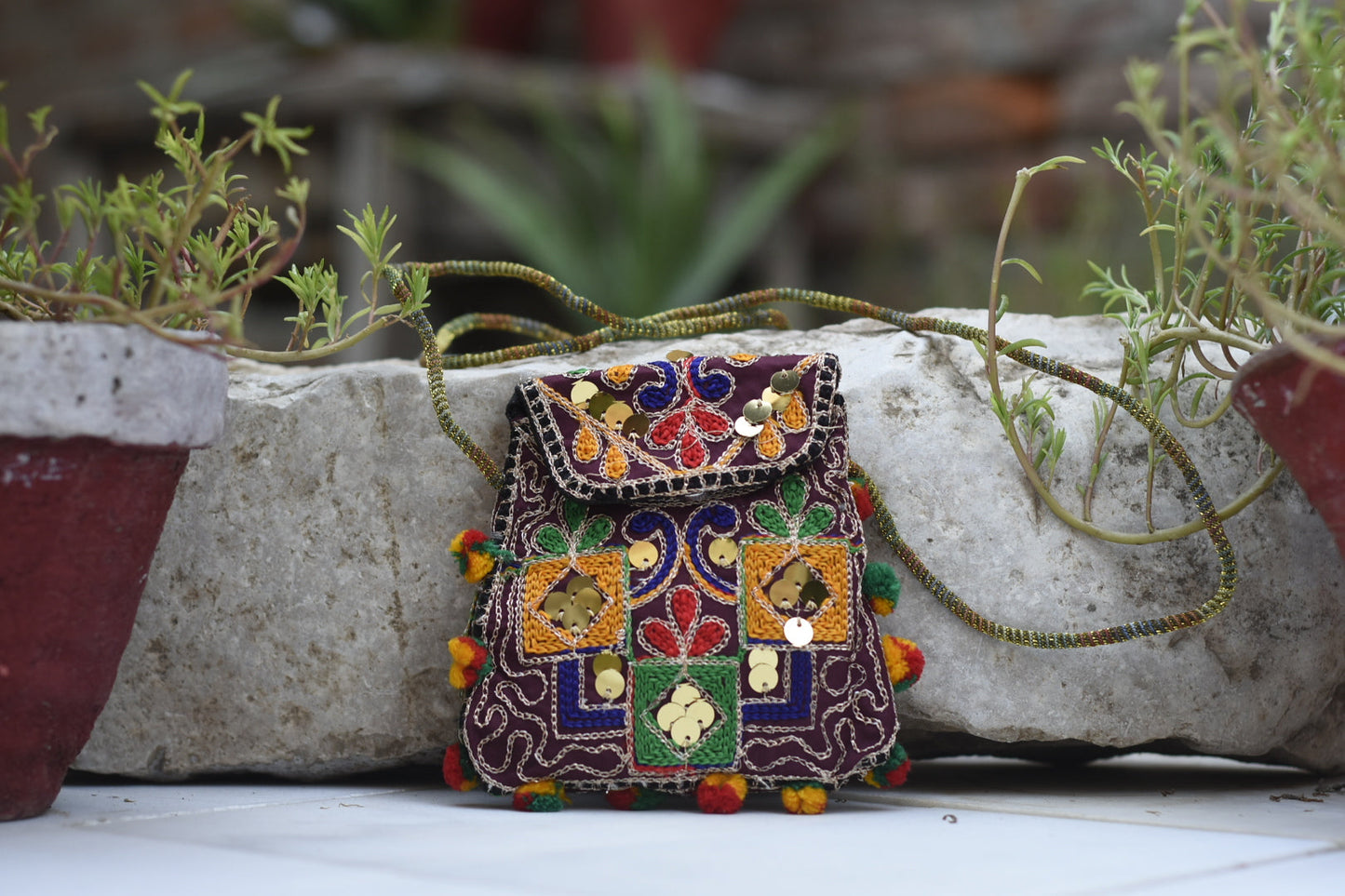 Handmade Kashmiri Glasswork and Aariwork over the shoulder purse| Small Safalina