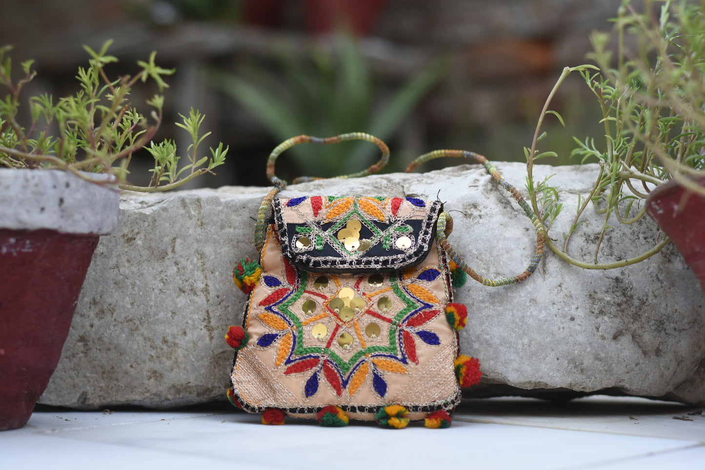 Handmade Kashmiri Glasswork and Aariwork over the shoulder purse| Small Safalina