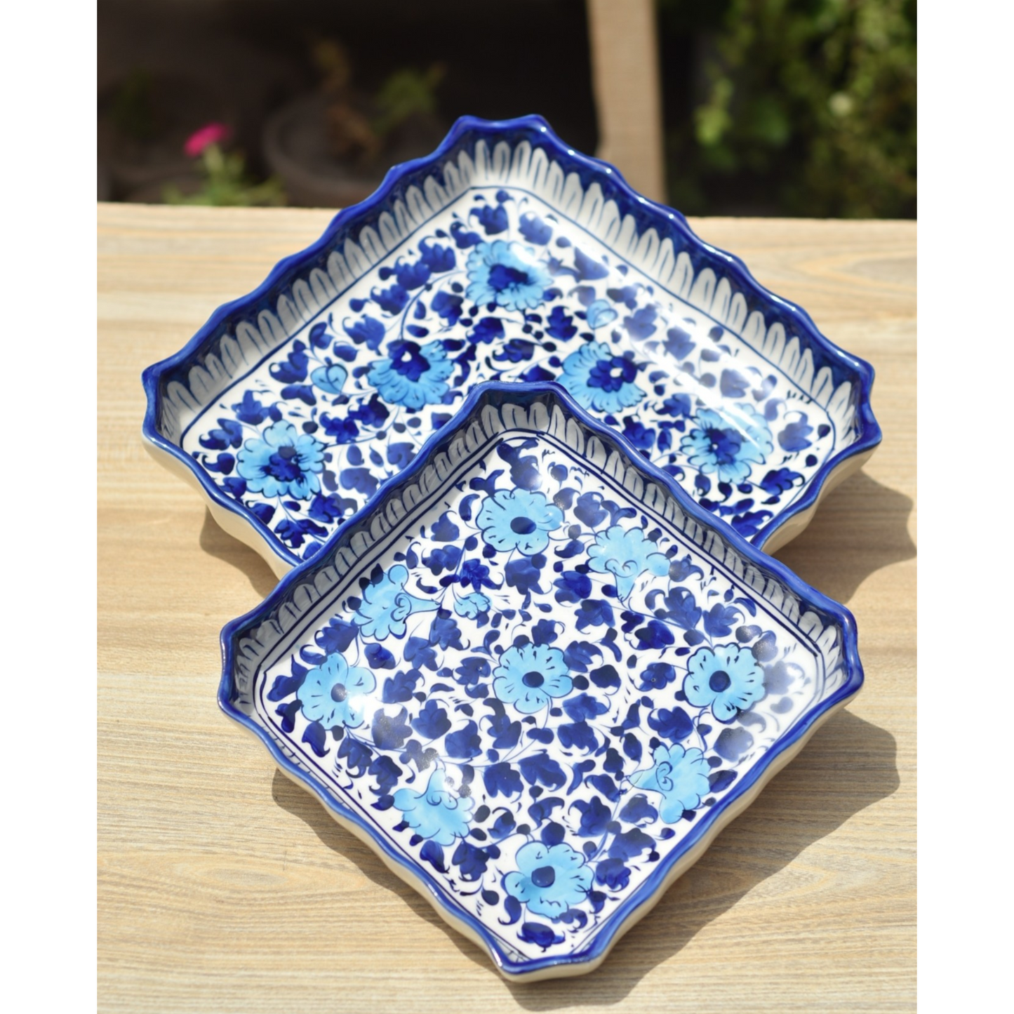 Set of two White Floral Square Serving dish|Blue pottery Safalina